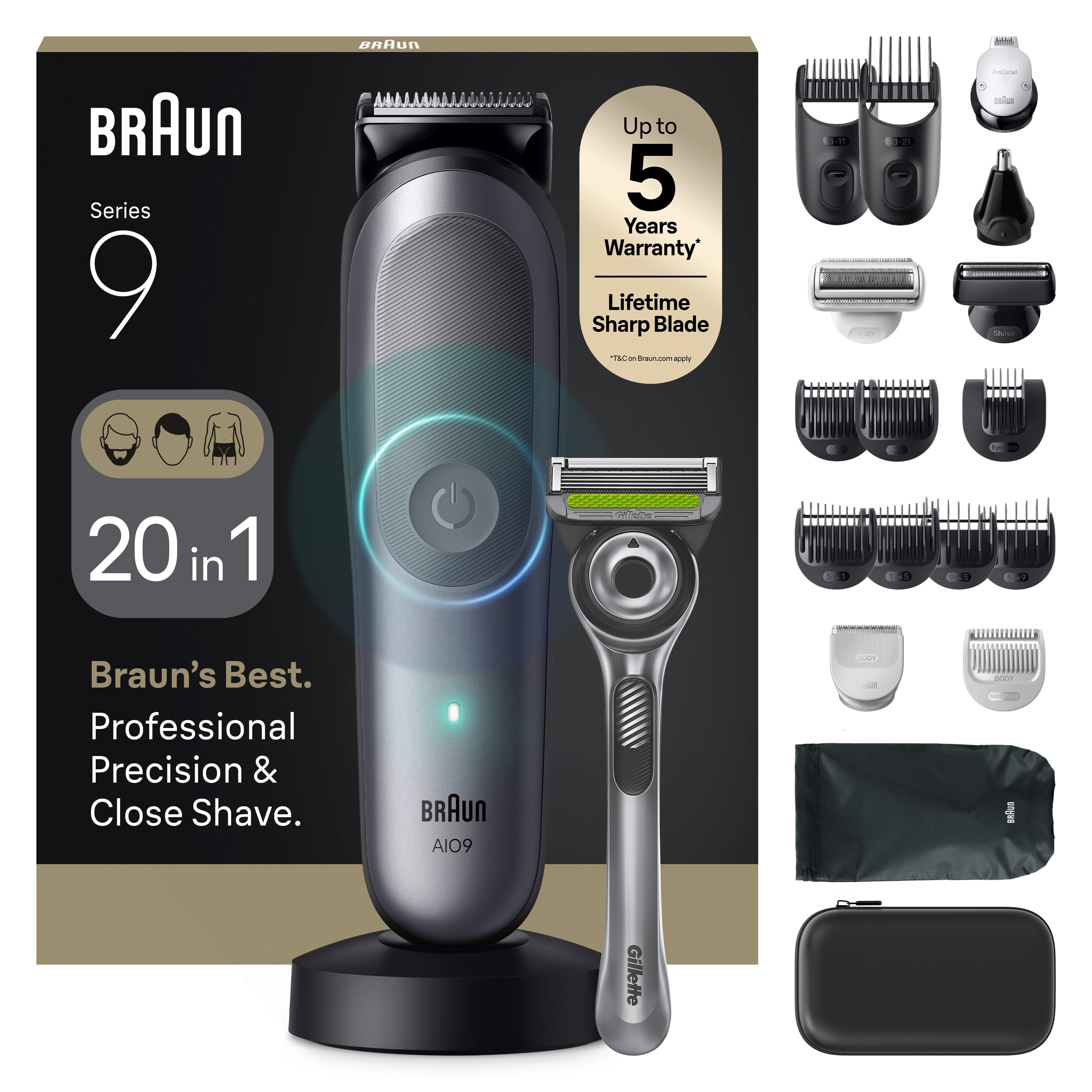 Braun Haarschneider "Series 9 AIO9540" 16 Aufsätze 20-in-1, BodyGentle Modus, 120 Min Akku, Gillette Labs Rasierer, Grau