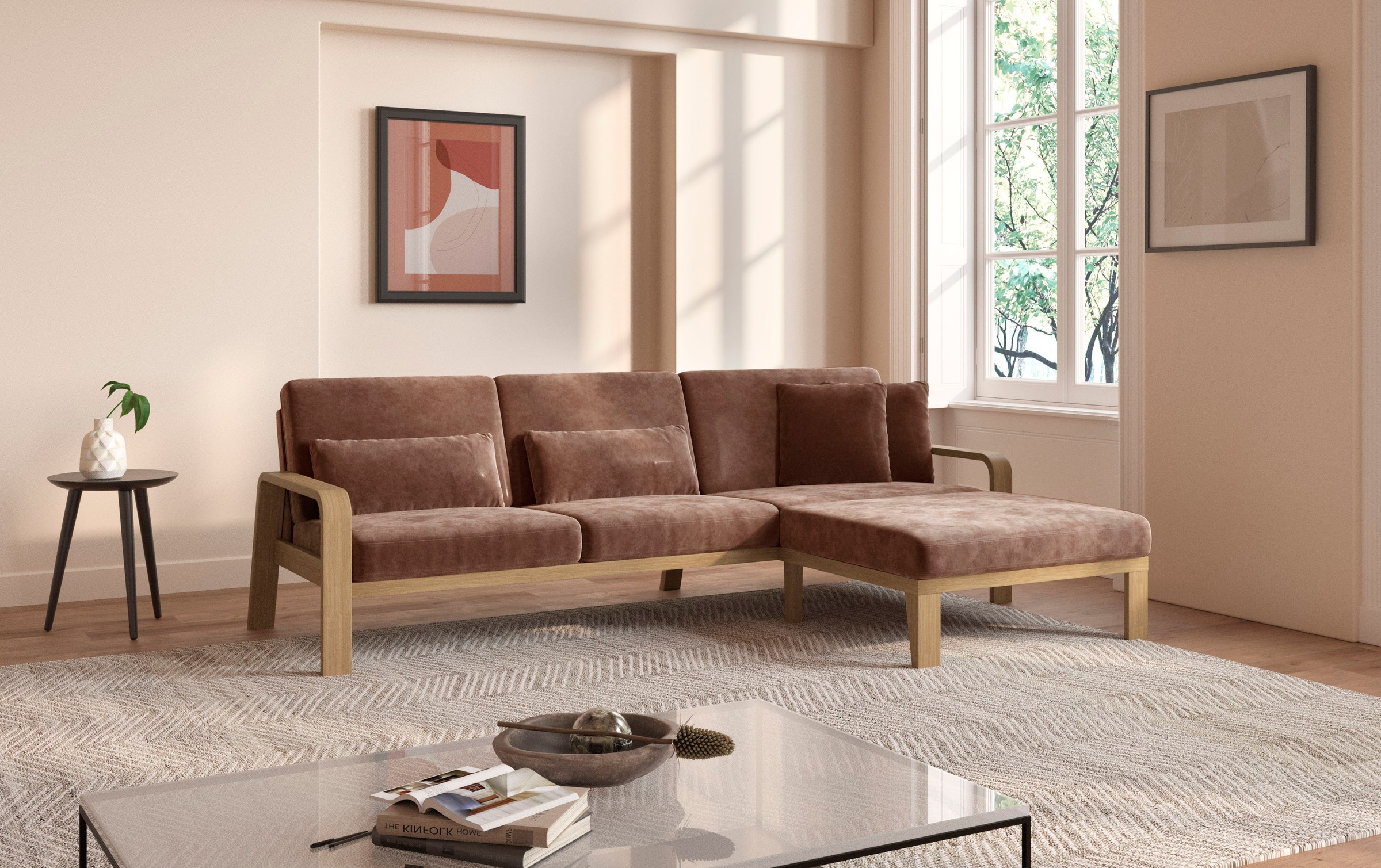 sit&more Ecksofa »Kolding L-Form«, Armlehnen aus Buchenholz in natur, verschiedene Bezüge und Farben