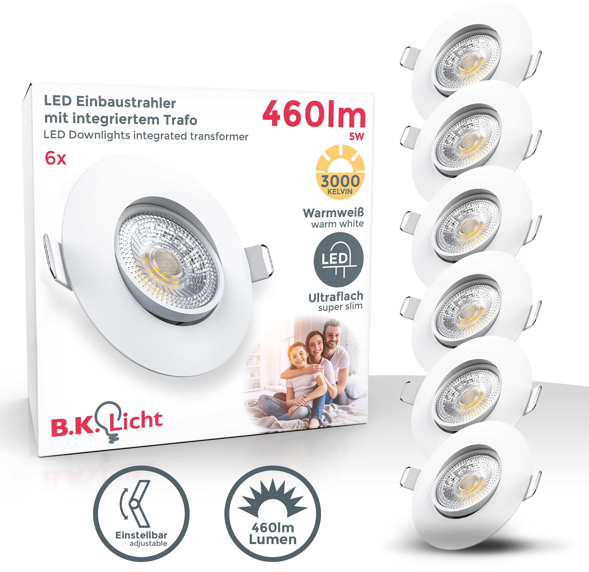 B.K.Licht LED Einbauleuchte, Einbauspots, schwenkbar, IP23, ultra-flach, Deckenspots, warmweiß, 6er Set