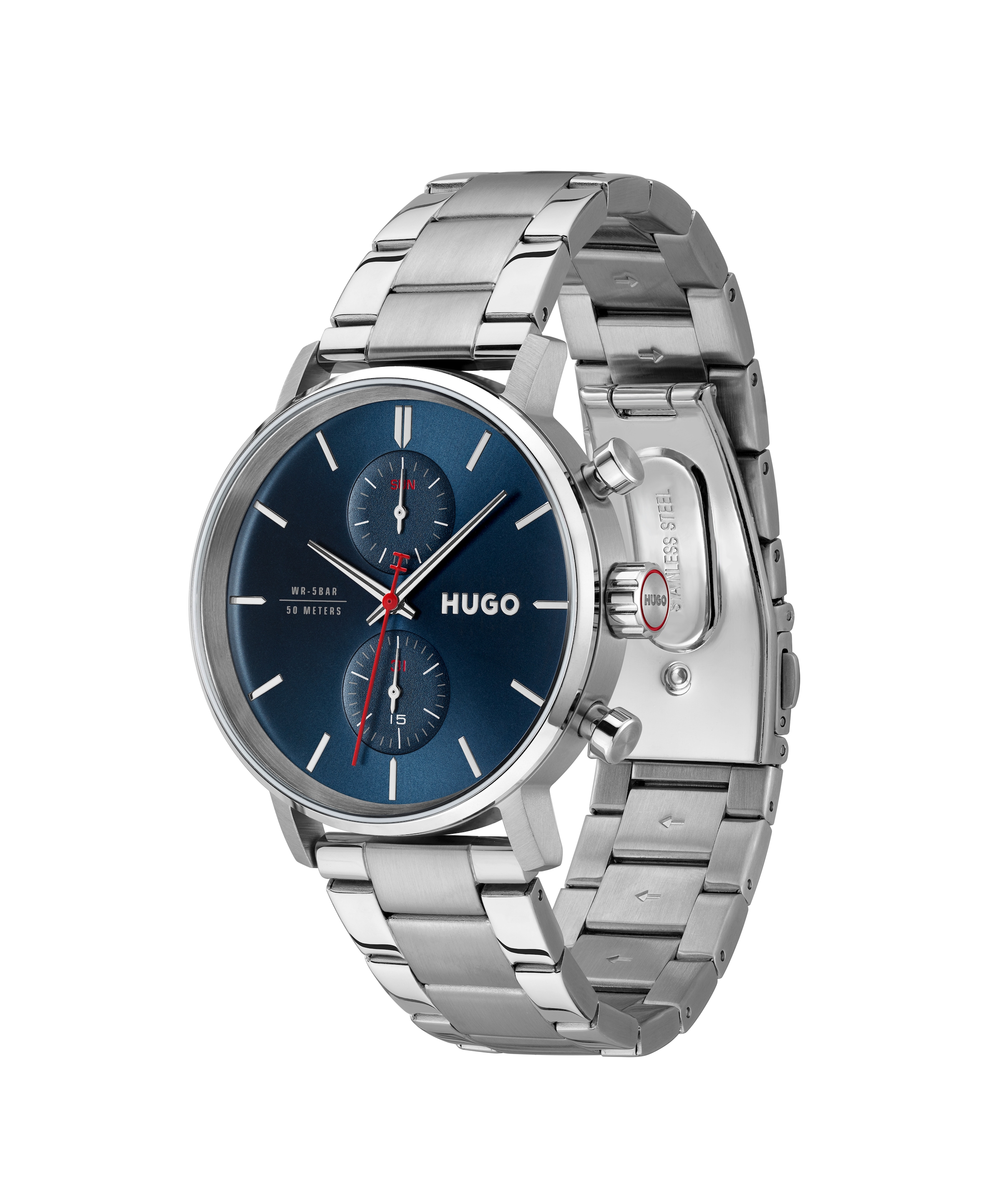 HUGO Multifunktionsuhr »#TAKEOFF« Quarzuhr, Armbanduhr, Herrenuhr, Edelstahlarmband, analog