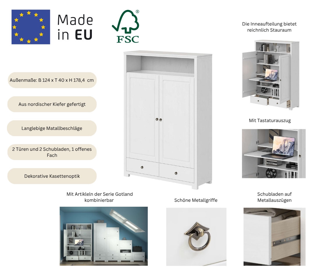 OTTO home Wäscheschrank »Clarius, Neuheit! Smarter ALLESKÖNNER, Mehrzweckschrank, Büroschrank«, (H/B/T ca. 178,4/124/40cm), mit Ausziehregal, Schublade, stabil + langlebig, Massivholz made in EU