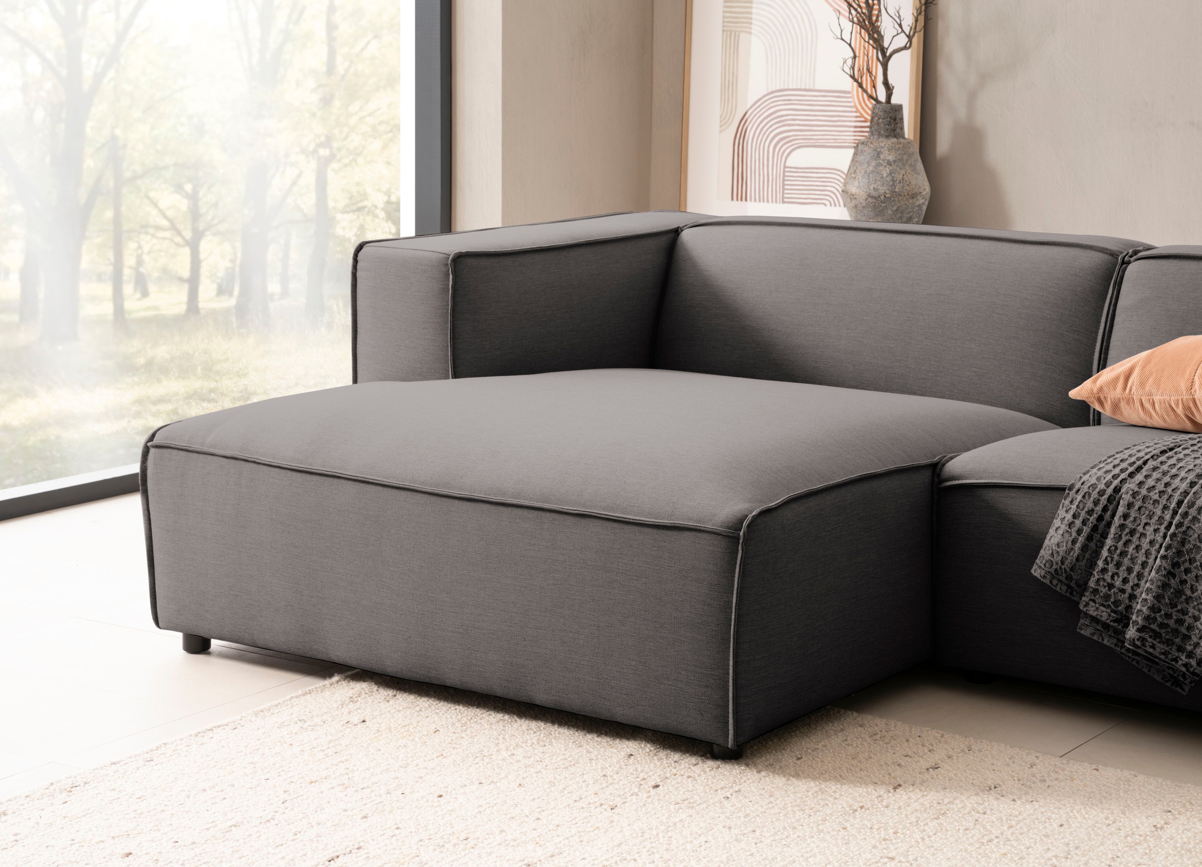 LeGer Home by Lena Gercke Ecksofa »PIARA mit Kedernaht in Cord oder Leinenoptik, moderne Couch in L-Form«, wahlweise Ottomane rechts/links, schwarze Füße, bequemer Sitzkomfort