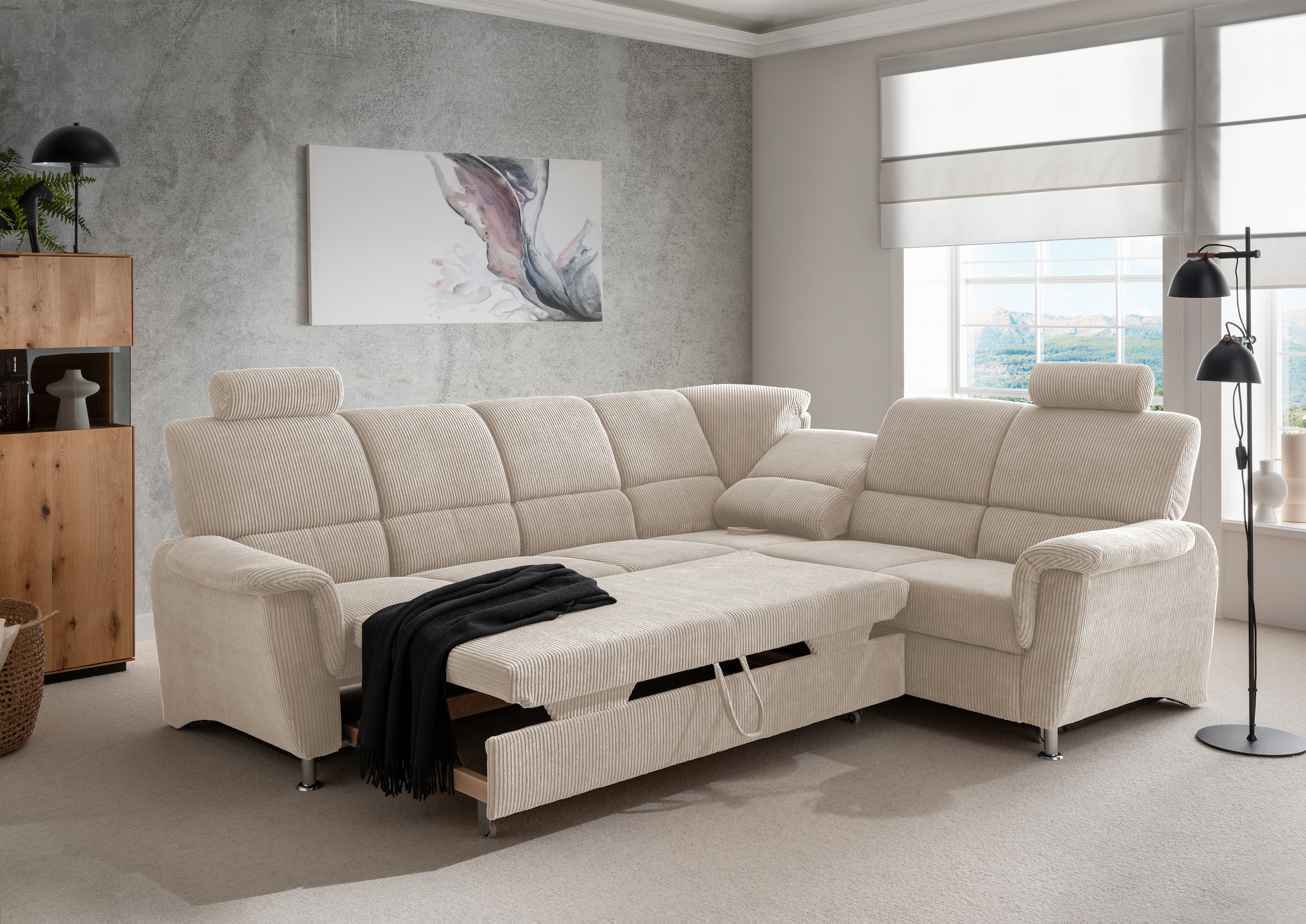 Home affaire Ecksofa »Pisa L-Form, mit Schlaffunktion, Stauraum, 2x höhenverstellbare«, Kopfstützen und Relaxfunktion im Eckelement