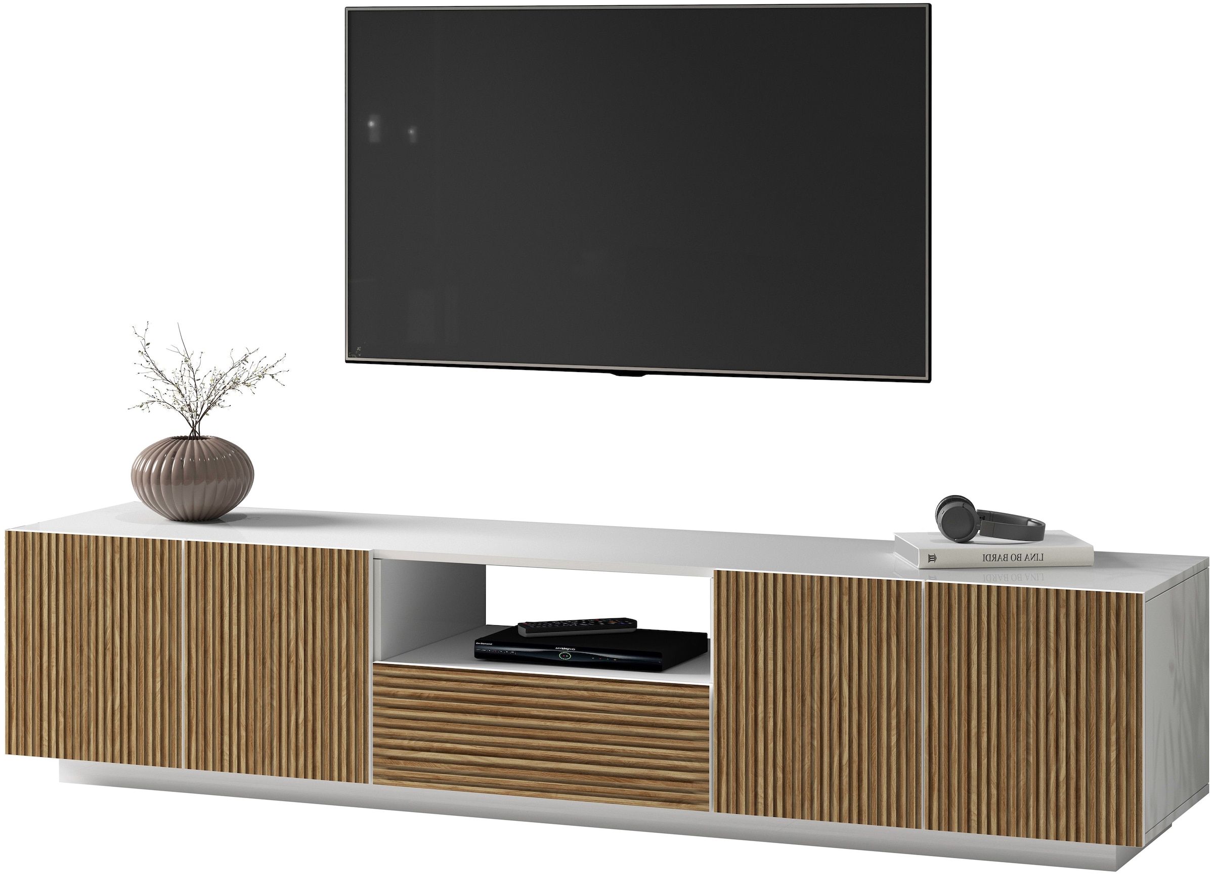 INOSIGN Lowboard »Vega,Lowboard,TV Board,TV Schrank,220 cm«, mit 4 Türen und 1 Schublade,Fronten mit Rillen-Optik