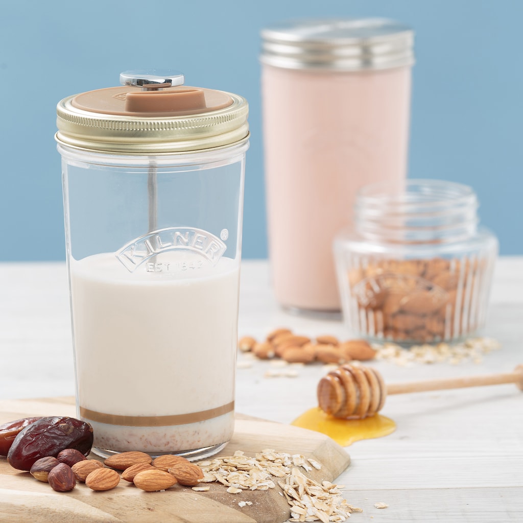 KILNER Protein Shaker, (Set, 4 tlg.), für Nussmilch, mit Spritzschutz, Kolben und 2 Gläsern á 0,5 L