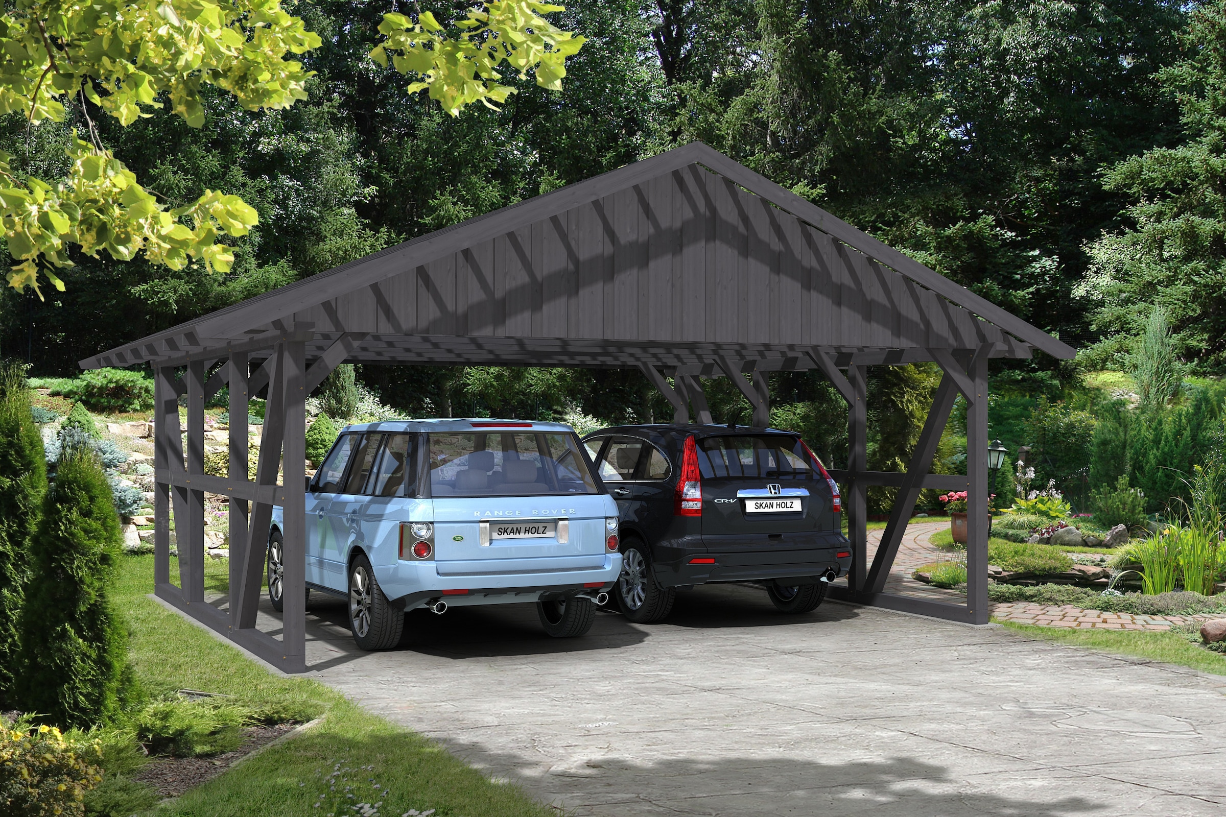 Doppelcarport SKANHOLZ, grau, Carports, "Schwarzwald", 684x600cm, mit Dachlattung