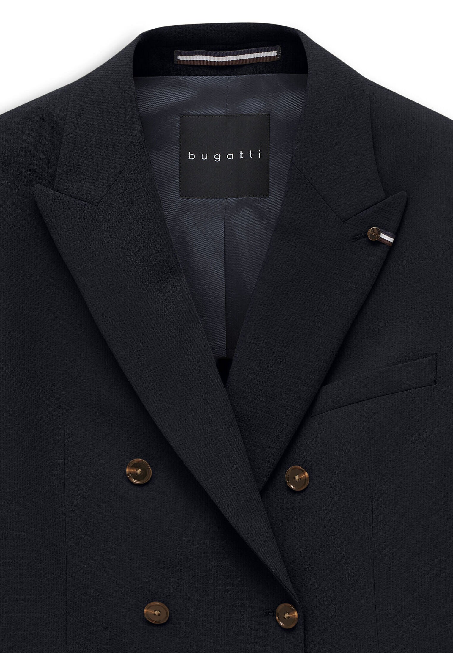 Sakko BUGATTI "Stretch", Herren, Gr. 58, 390, marine, 62% Polyester, 33% Viskose, 5% Elasthan, unifarben, regular fit, Sakkos Sakko, mit breitem Spitzrevers 2