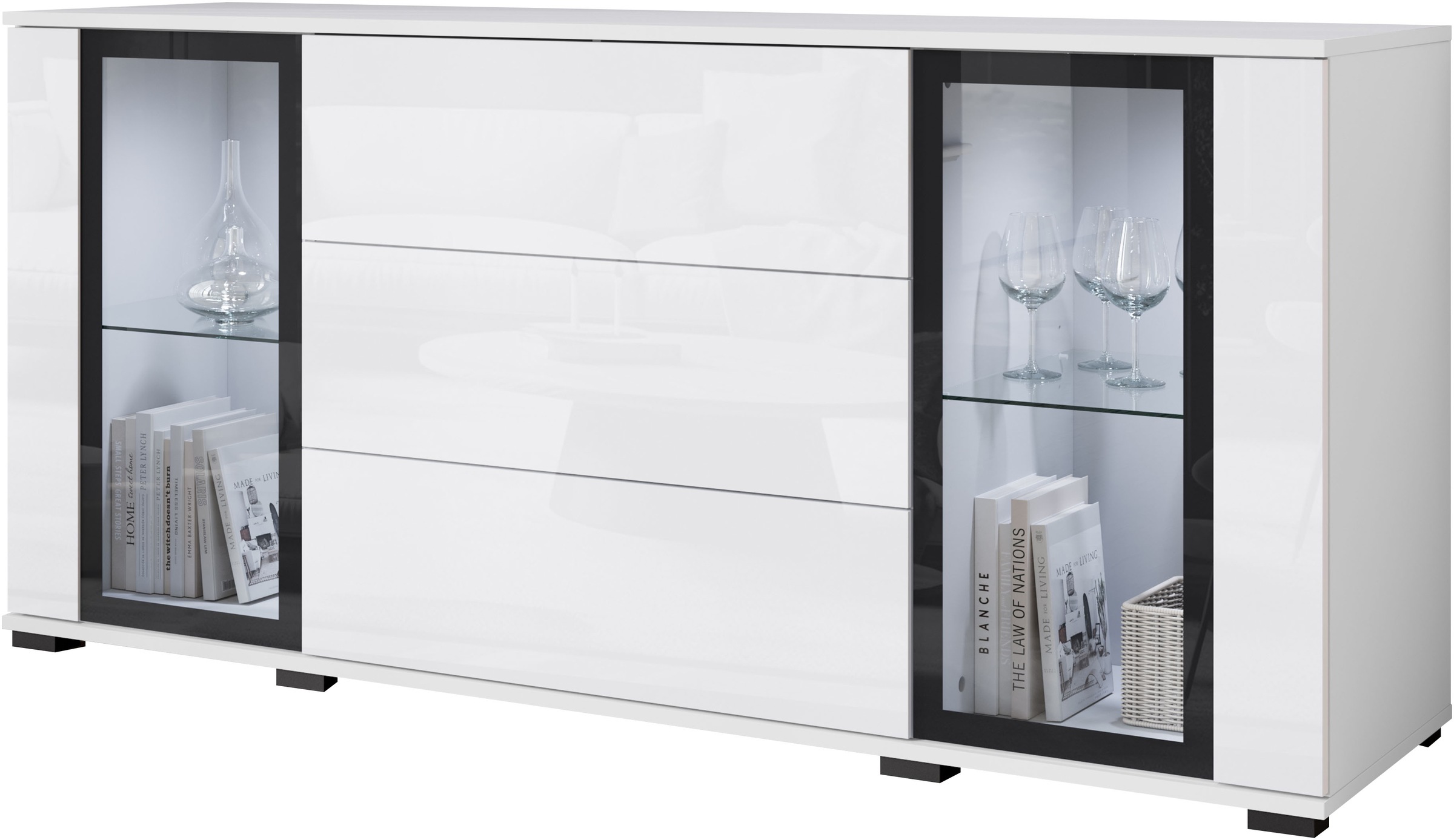 Home affaire Sideboard "modernes Design mit Glaseinsätzen und 3 Schubladen, günstig online kaufen
