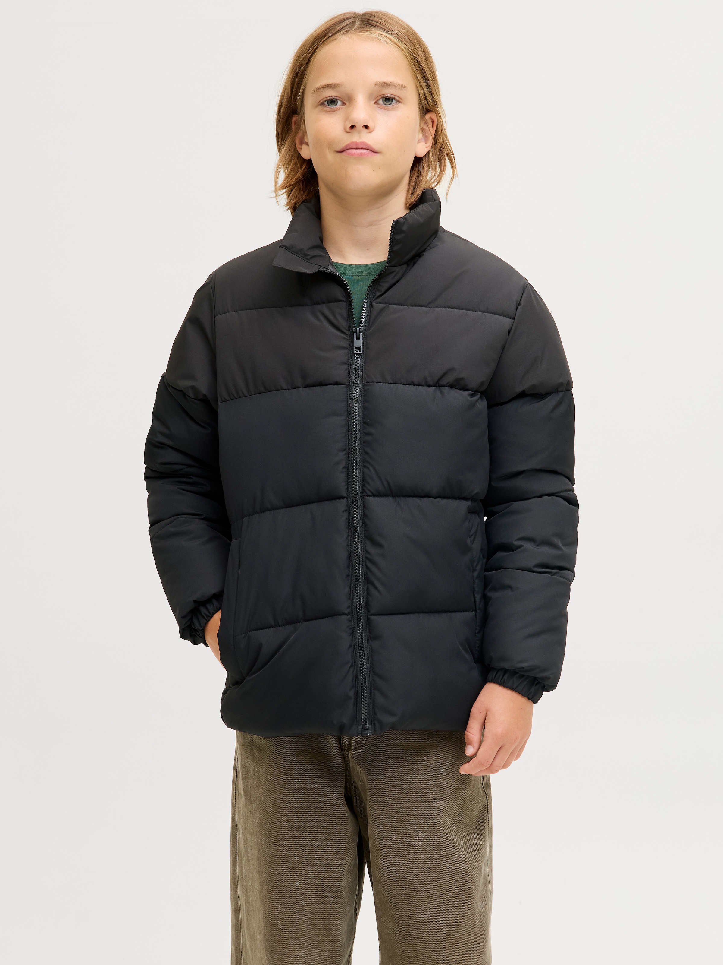Steppjacke JACK & JONES JUNIOR "JJMAZE PUFFER COLLAR JNR", Jungen, Gr. 140, schwarz, Web, Obermaterial: 100% Polyester, regular fit normal, Jacken Steppjacke