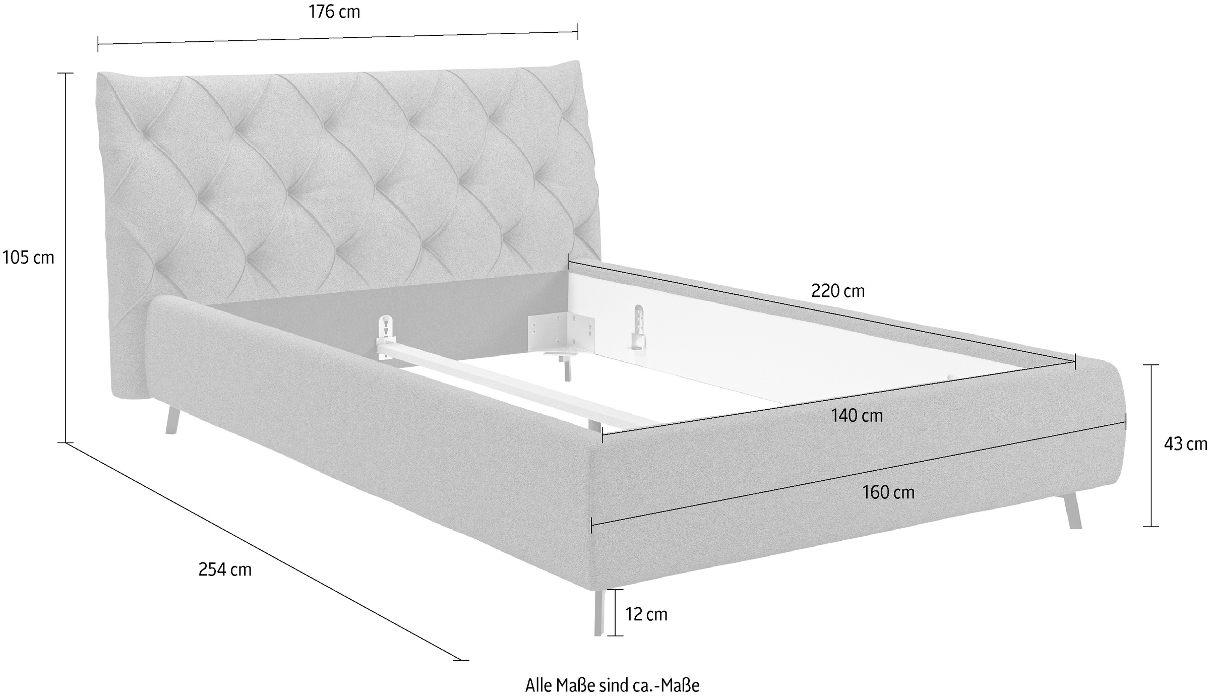 Leonique Polsterbett »Elloree, in 4 Breiten bis 200cm, auch in Leder«, Kopfteilhöhe 105 cm, belastbar bis 280 kg, auch in Überlänge 220cm