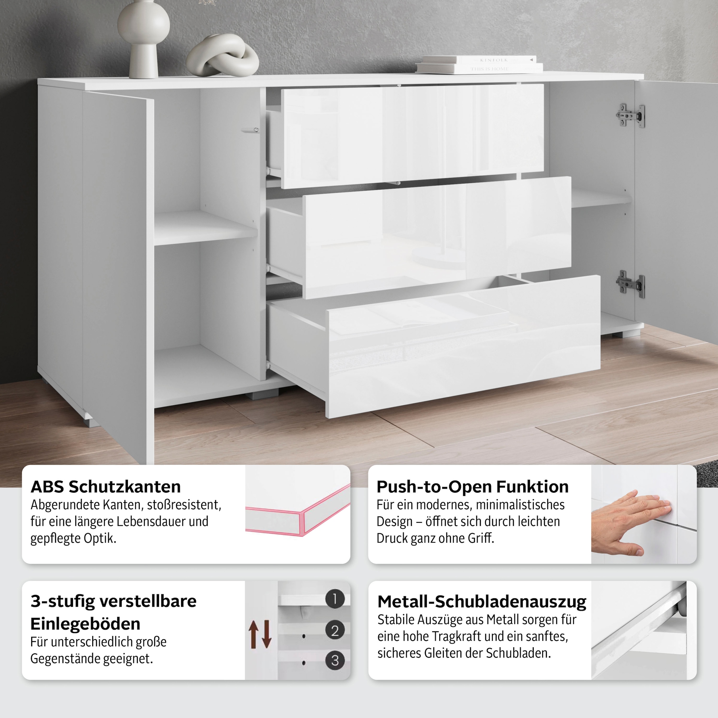 INOSIGN Sideboard »Kenia«, (1 St.), Modernes Sideboard mit 3 Schubladen und 4 Fächern, Breite 150 cm