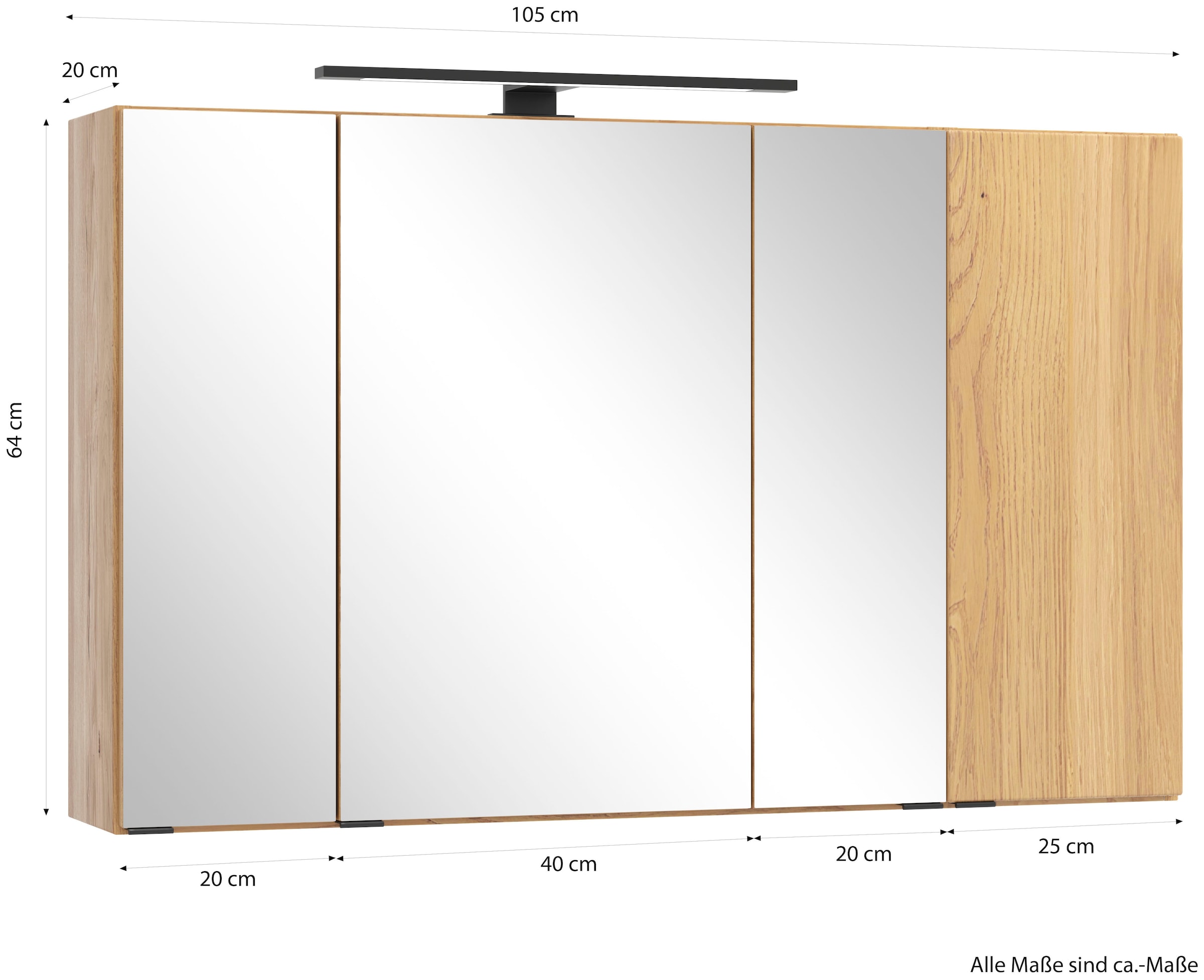 welltime Spiegelschrank »MAILAND, gedämpfte Scharniere, LED-Aufbauleuchte« Maße (B/H/T): ca. 105/64/20 cm,  Wildeiche, LED-Aufbauleuchte, gedämpfte Scharniere