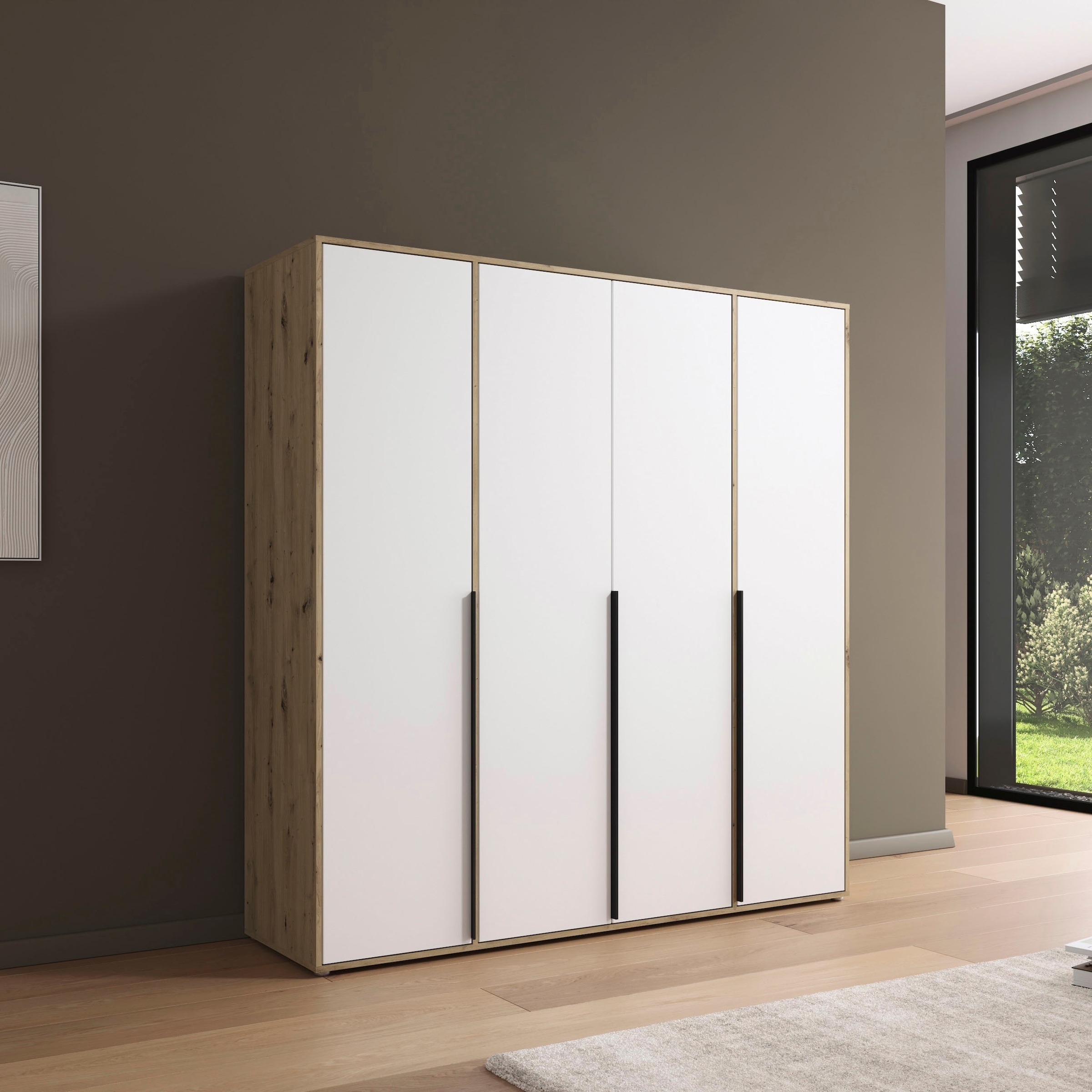 rauch Drehtürenschrank »Kleiderschrank Schrank Garderobe Wäscheschrank NAGATA viel Stauraum«, (in 3 verschiedenen Ausstattungen BASIC/CLASSIC/PREMIUM), mit modernen Stangengriffen in Graumetallic TOPSELLER MADE IN GERMANY