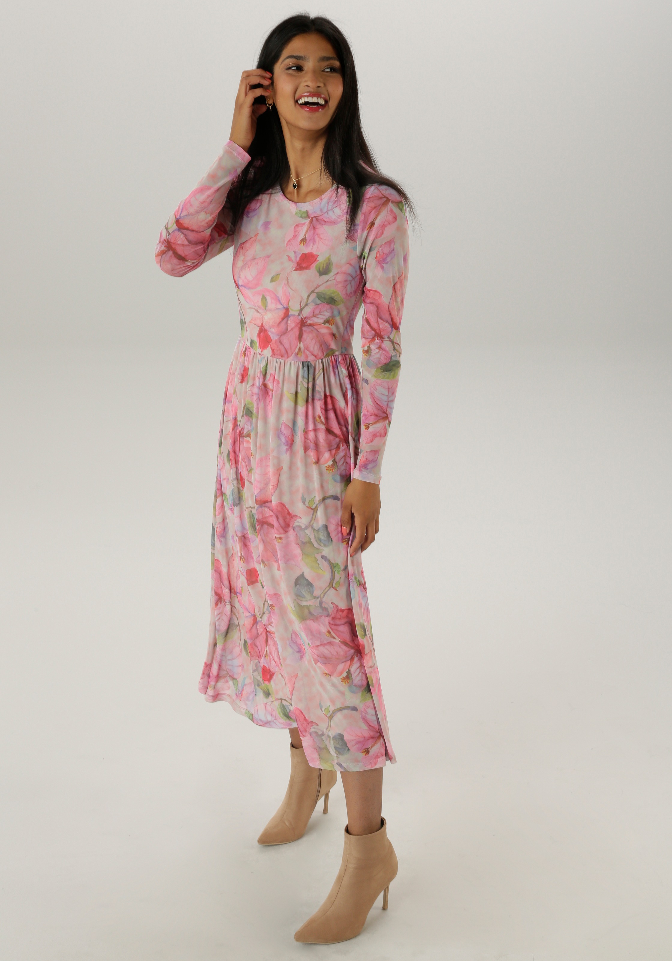 Aniston SELECTED Midikleid, in Mesh-Qualität und floralem Muster günstig online kaufen