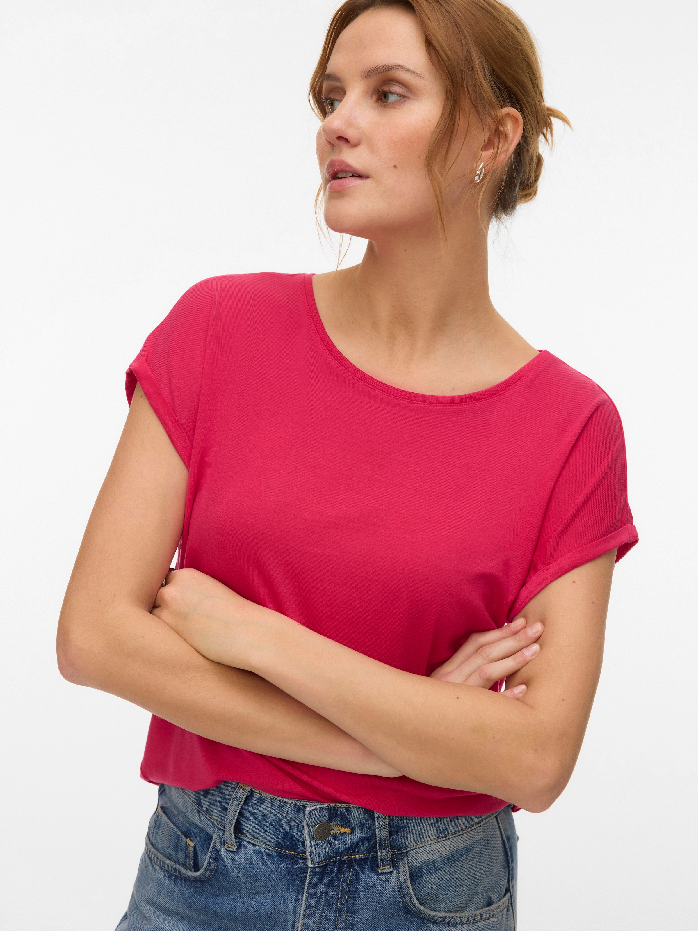 Vero Moda Rundhalsshirt "VMAVA PLAIN SS TOP GAJRS NOOS" Materialmix, regula günstig online kaufen