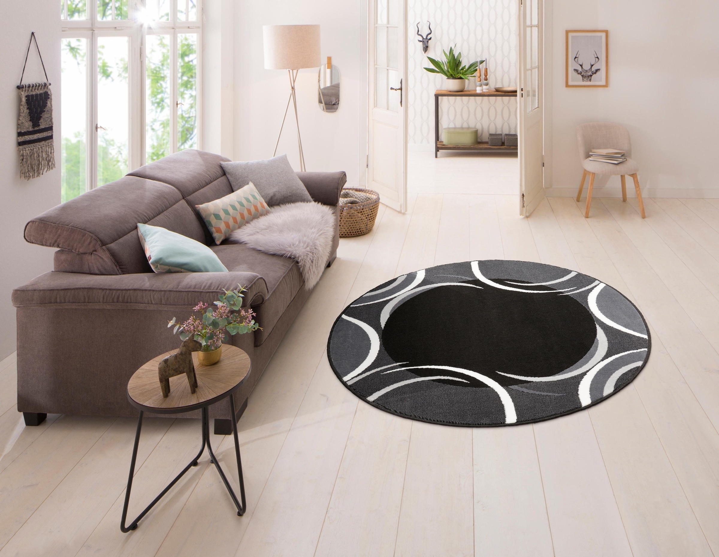 my home Teppich »Noah«, rund, 7 mm Höhe, mit Bordüre, Kurzflor, verspieltes Design, pflegeleicht, elegant