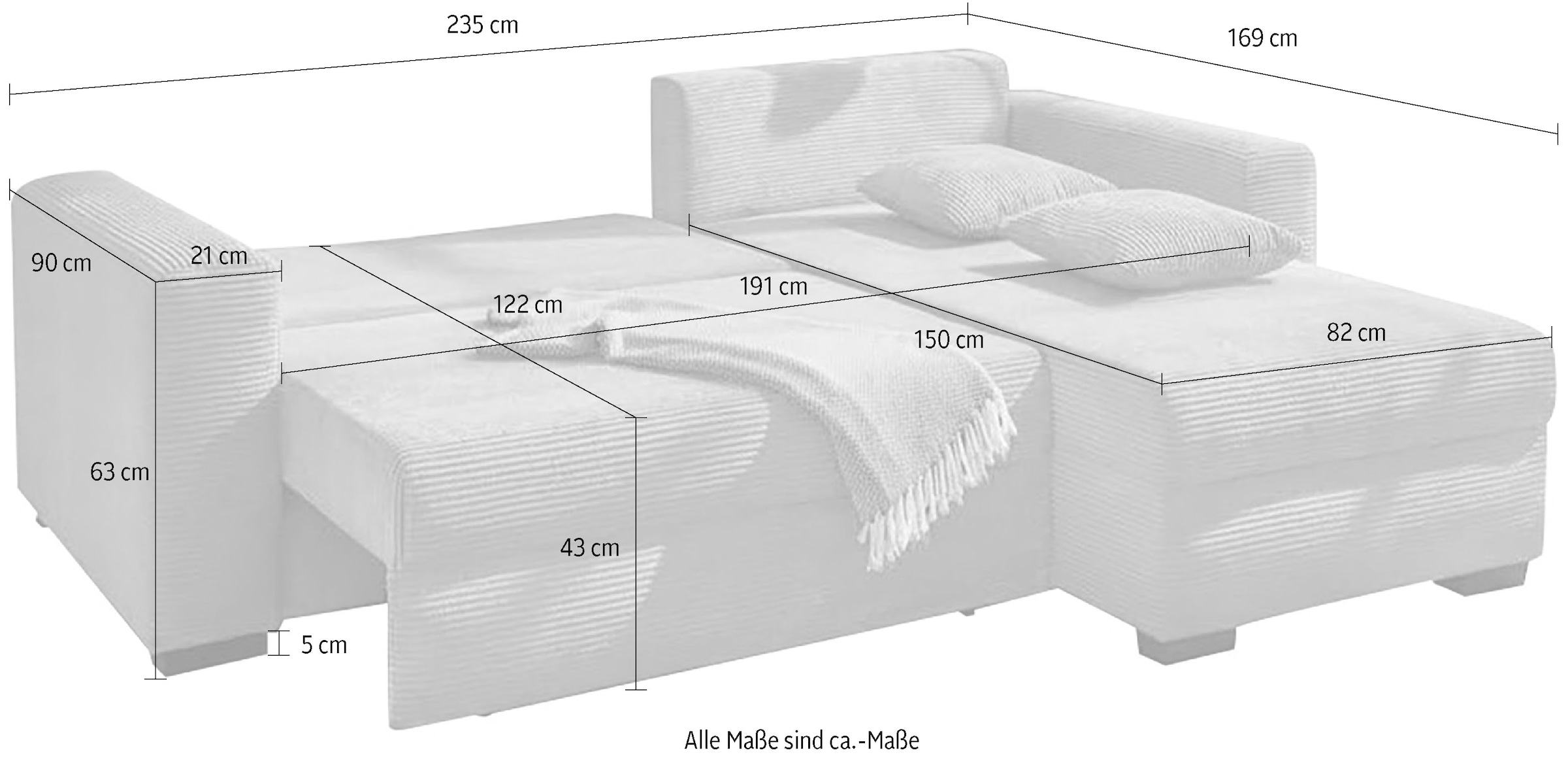 Jockenhöfer Gruppe Ecksofa »Ecksofa Elmau, Größe Ottomane: L, B:235cm, optional mit Topper« mit Schlaffunktion, Bettkasten & 2 Zierkissen