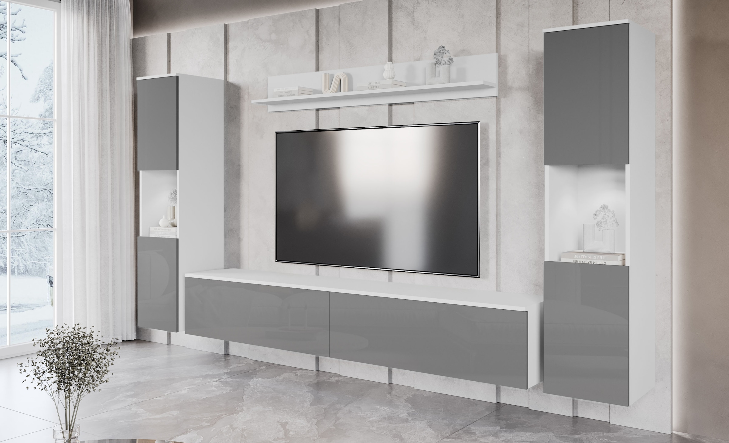 INOSIGN Wohnwand »PARIS, Vitrine Türanschlag links/rechts wechselbar«, (Komplett-Set, 4 St.), grifflose Design, stehend und hängend montierbar