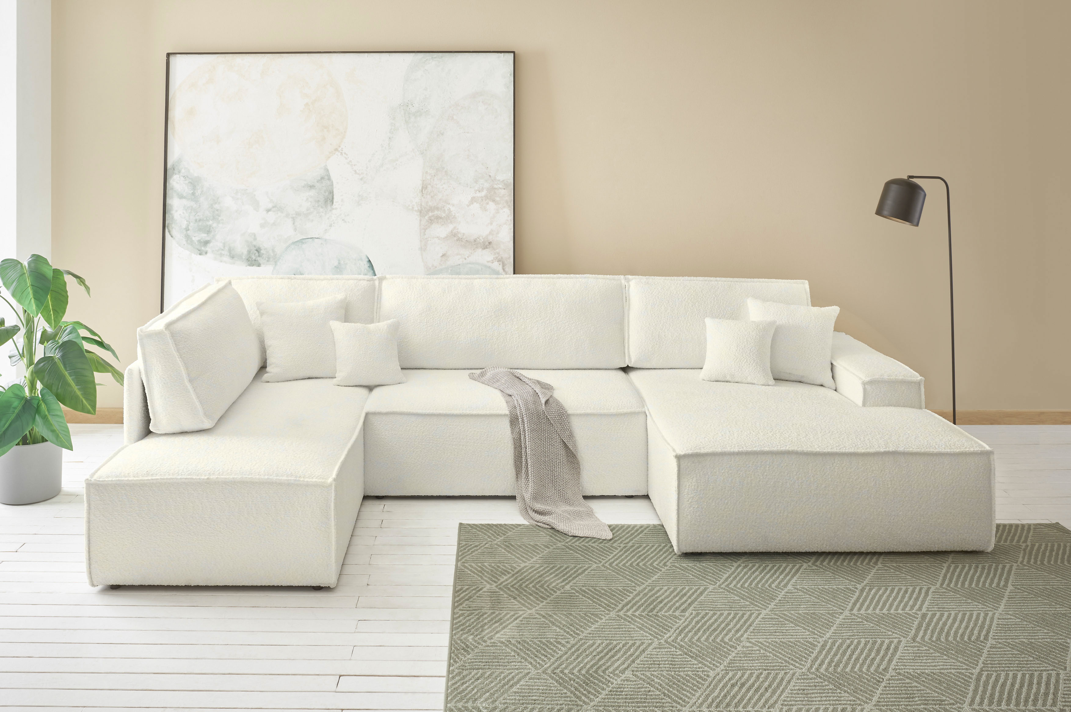 OTTO home Wohnlandschaft "FINNLEY Bouclé U-Form XXL 329 cm - OTTO. Verlässliche Qualität." Schlafsofa, Bettkasten, in Bouclé, Struktur fein und Mega Cord