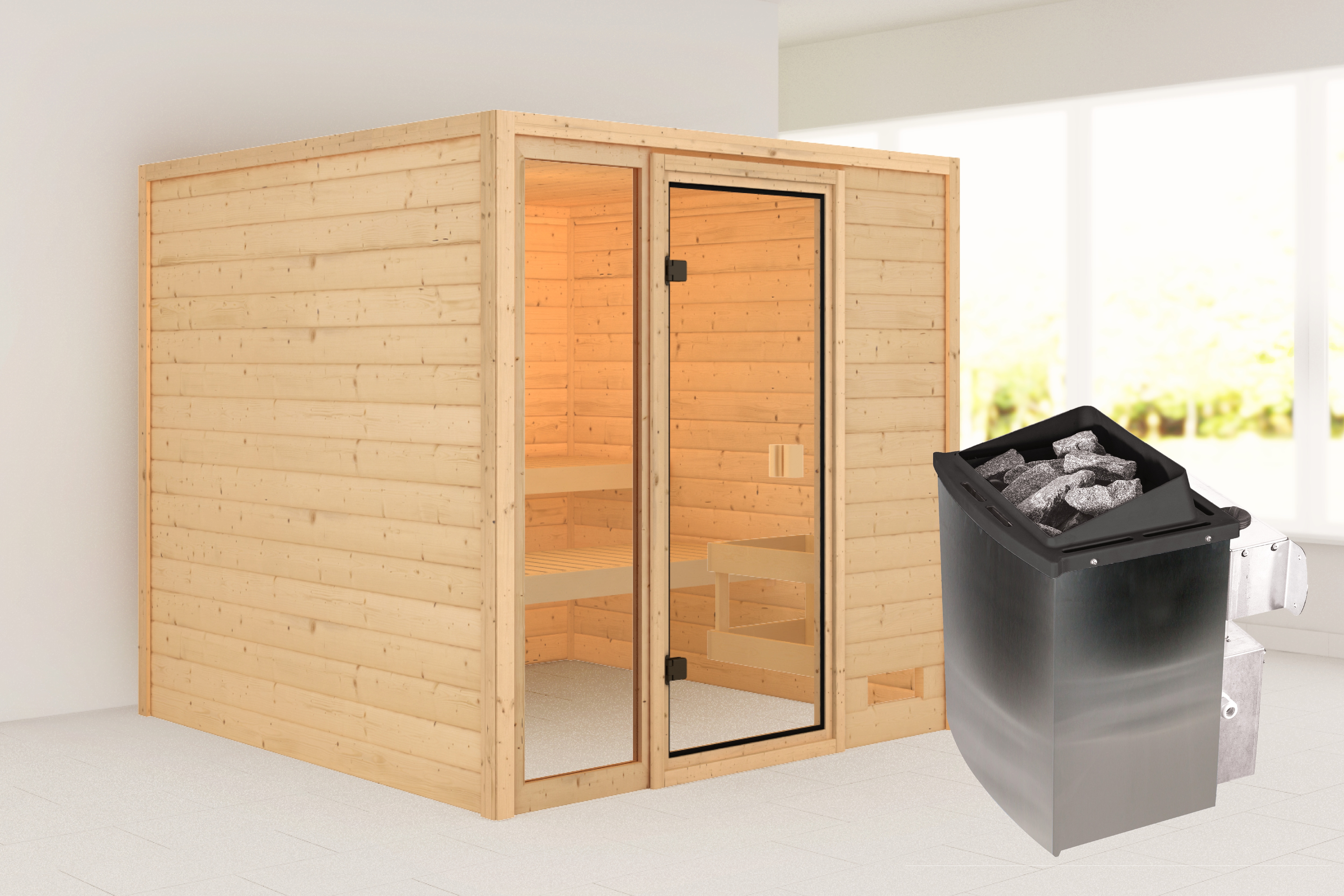 Karibu Sauna ""Jackie" mit bronzierter Tür, naturbelassen" aus hochwertiger nordischer Fichte