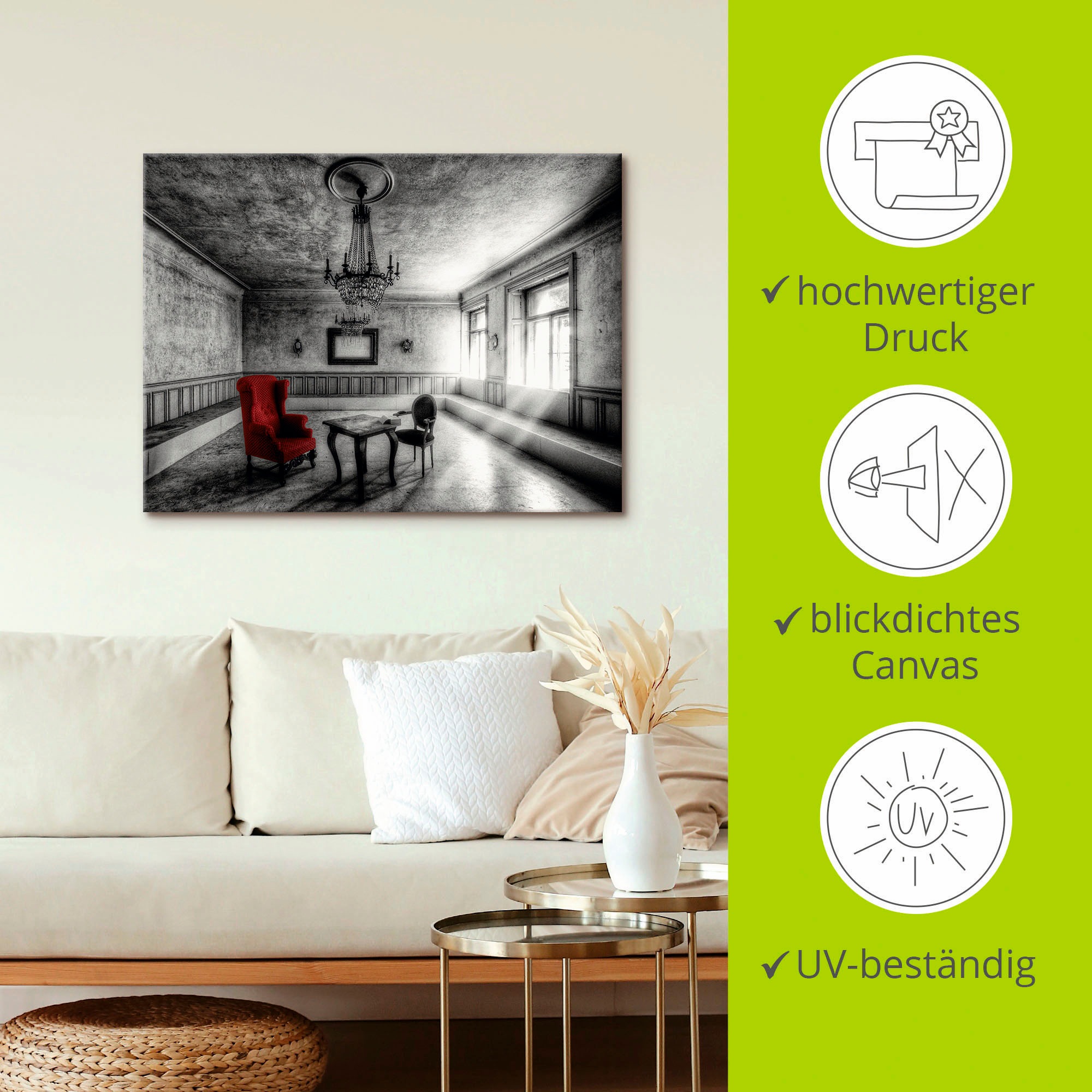 Artland Wandbild »Lost Place - Roter Sessel«, Architektonische Elemente, (1 St.), als Alubild, Outdoorbild, Leinwandbild, Poster, Wandaufkleber