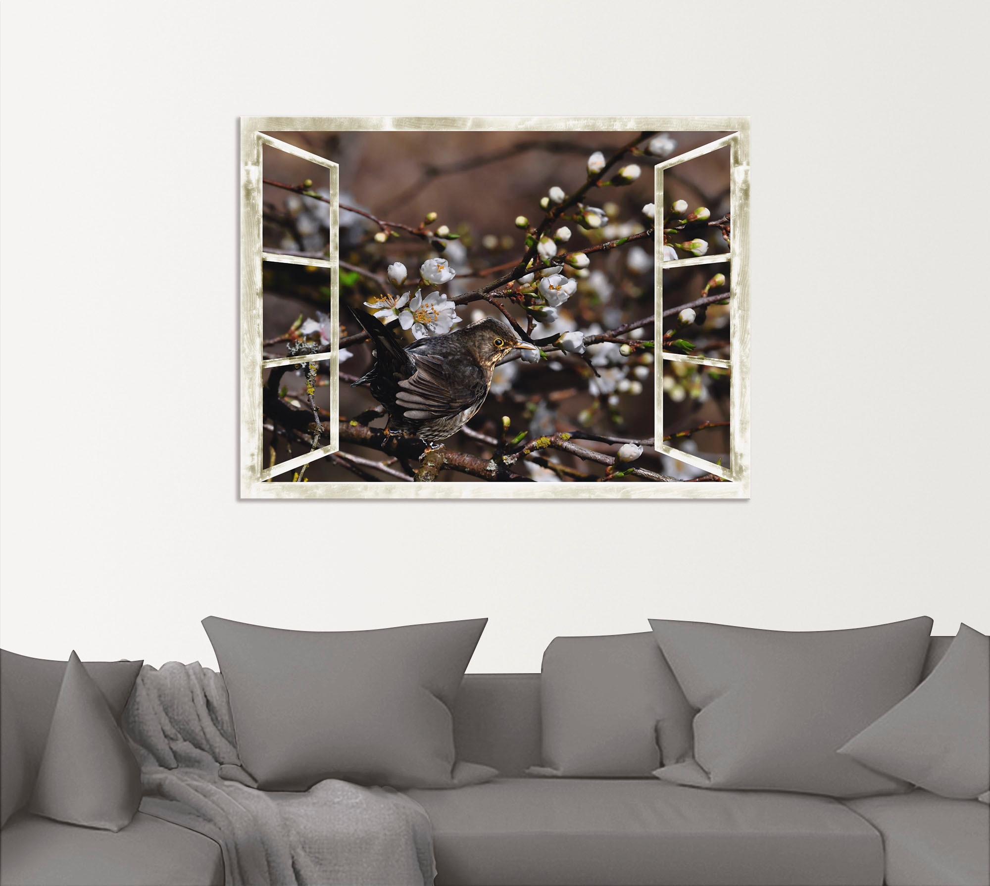 Artland Wandbild "Fensterblick - Kirschblüten mit Amsel", Vögel, (1 St.), a günstig online kaufen