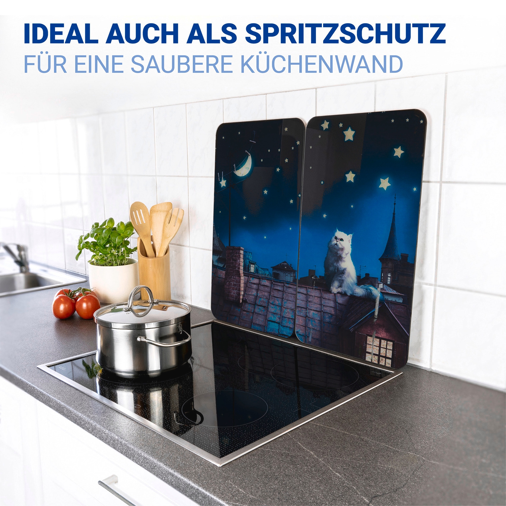 WENKO Herd-Abdeckplatte »Universal Modell Moon Cat«, (Set, 2 tlg.), Herdabdeckung für alle Herdarten, kratzfest, mit rutschfesten Füßen
