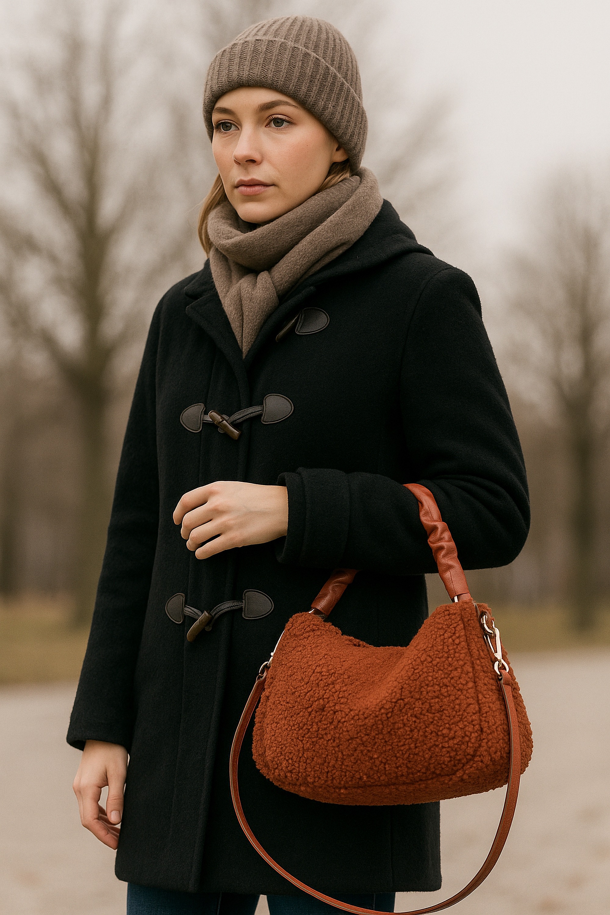 COLLEZIONE ALESSANDRO Schultertasche »Teddy« aus rostrotem Teddystoff mit Leder