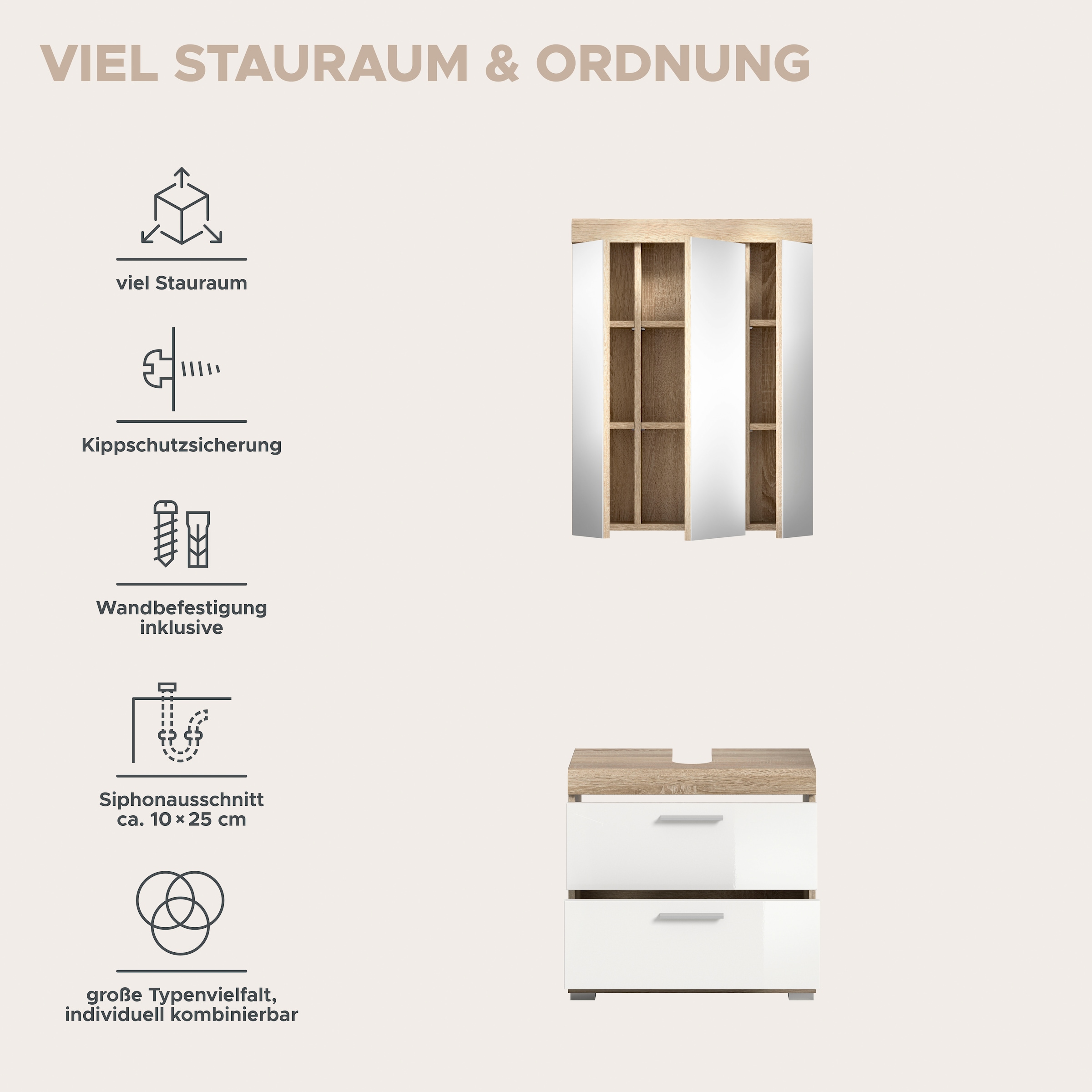 welltime Badmöbel-Set »SIENA, 2 tlg., bestehend aus: Waschbeckenunterschrank, Spiegelschrank« Set, TOPSELLER!, 2 Stk. tlg.