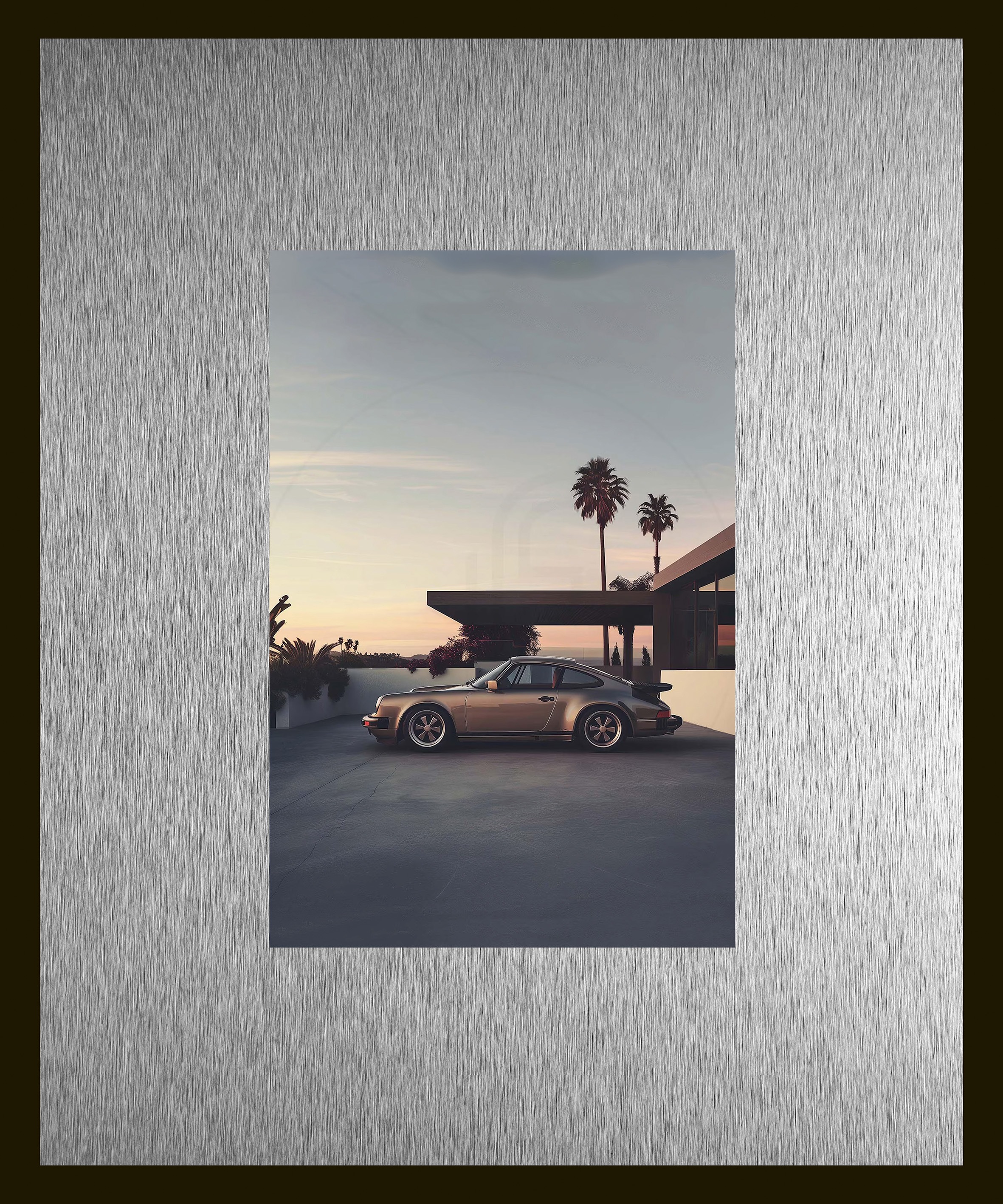 queence Bild "Trend Wandbild, Wandkunst, Kunstdruck "Rennwagen in Palm Springs"" Amerika Auto Fashion 1 Stk. tlg. inkl. Passepartout aus hochwertigem Aluminium und schwarzem Rahmen