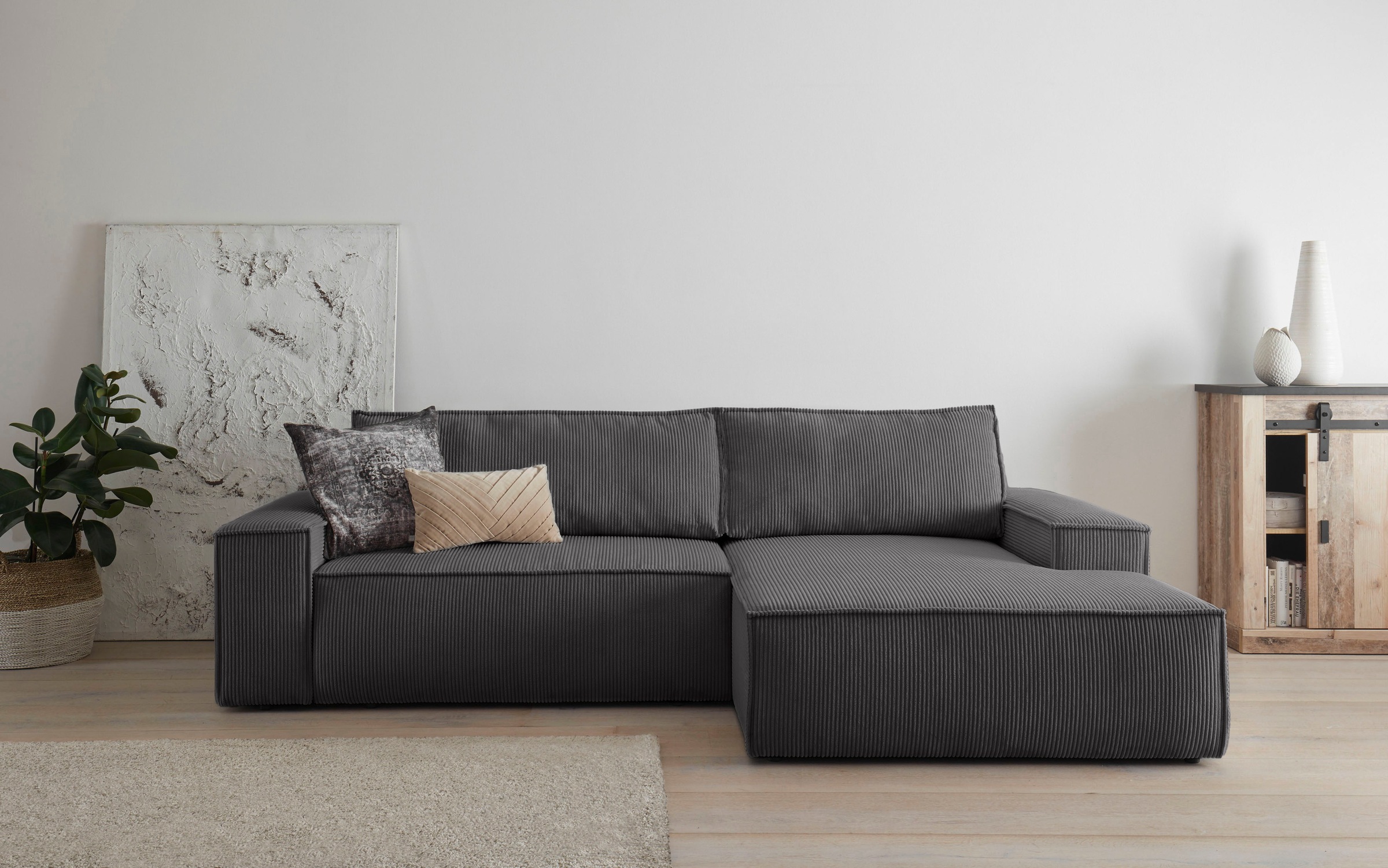 OTTO home Ecksofa »SHERWOOD L-Form, 267 cm - OTTO. Verlässliche Qualität.« Schlaffunktion mit Bettkasten (210x136 cm), Cord, Vintage, Samtvelours