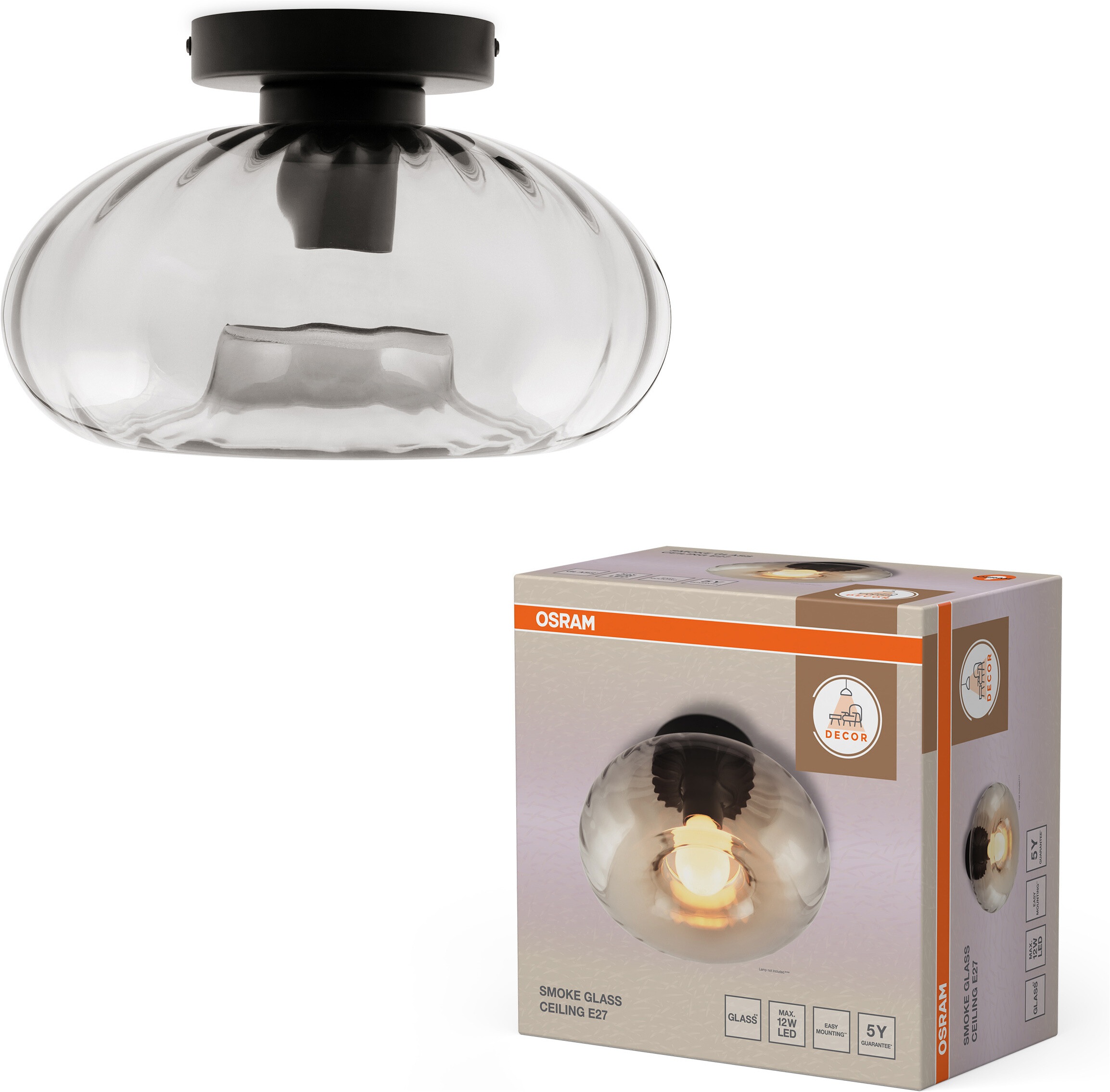 OSRAM Deckenleuchte "Decor Smoke Glass", Ø 28cm, 1 Stk., grau, Wohnzimmer, Leuchten, schwarz, E27, Stahl und Glas
