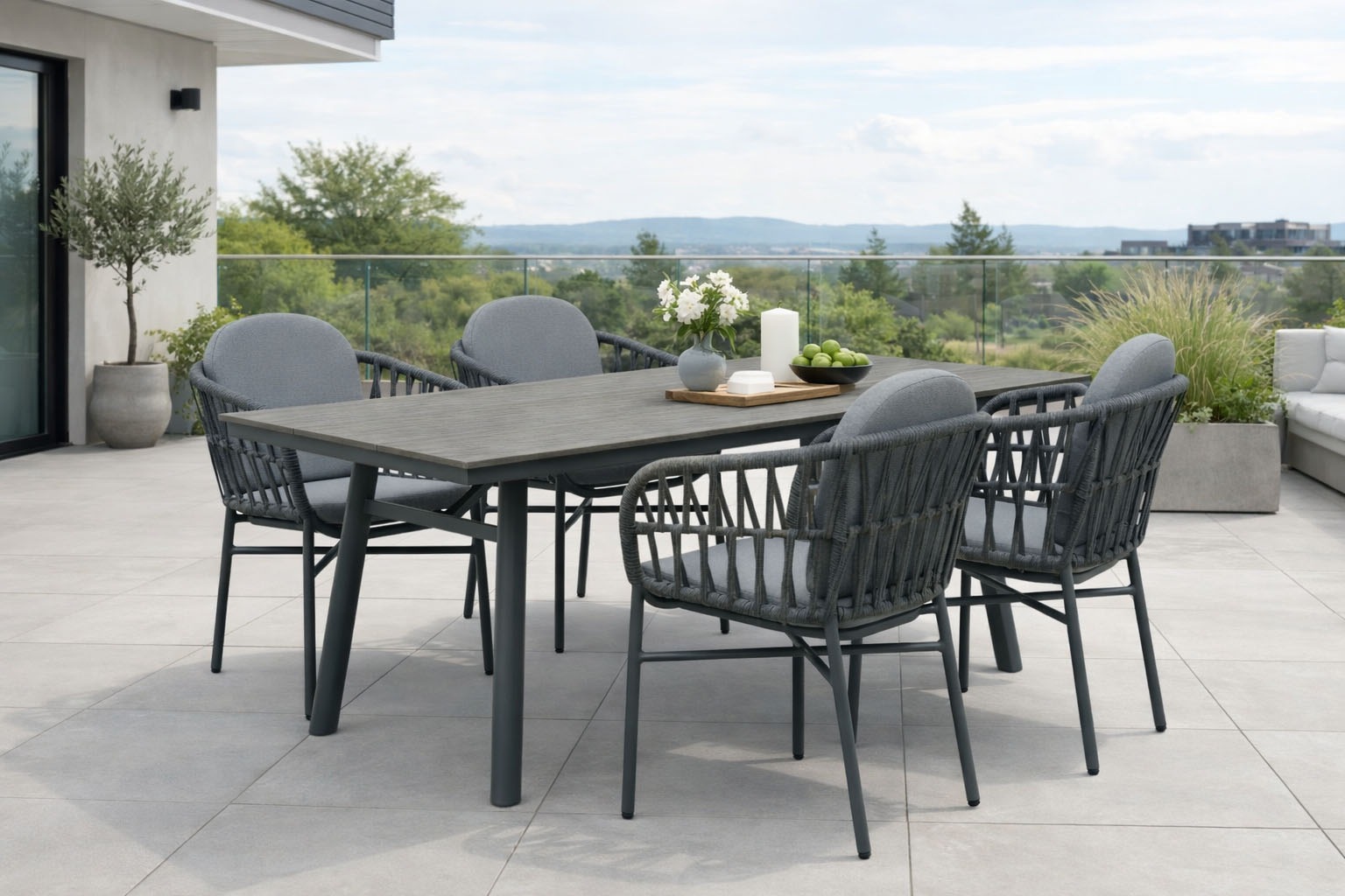 Destiny Garten-Essgruppe "COMO SAN MARINO 4 Se + Tisch RE 180x90cm grau/ anthrazit" Set, Aluminium, Rope, Polywood