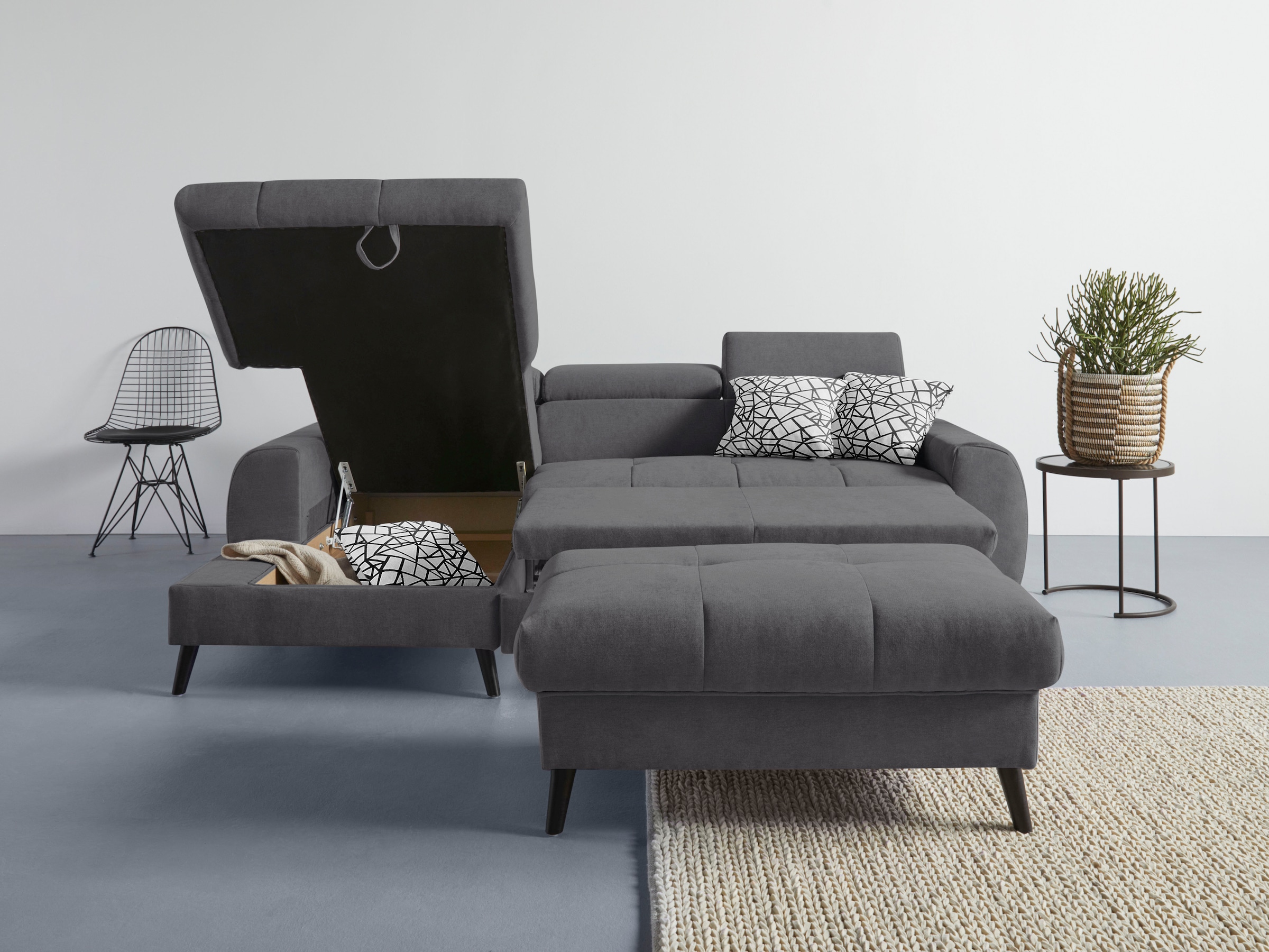 COTTA Ecksofa »Mia L-Form mit 3 Zierkissen«, wahlweise mit Bettfunktion, Bettkasten, Beleuchtung & Wireless-Charger