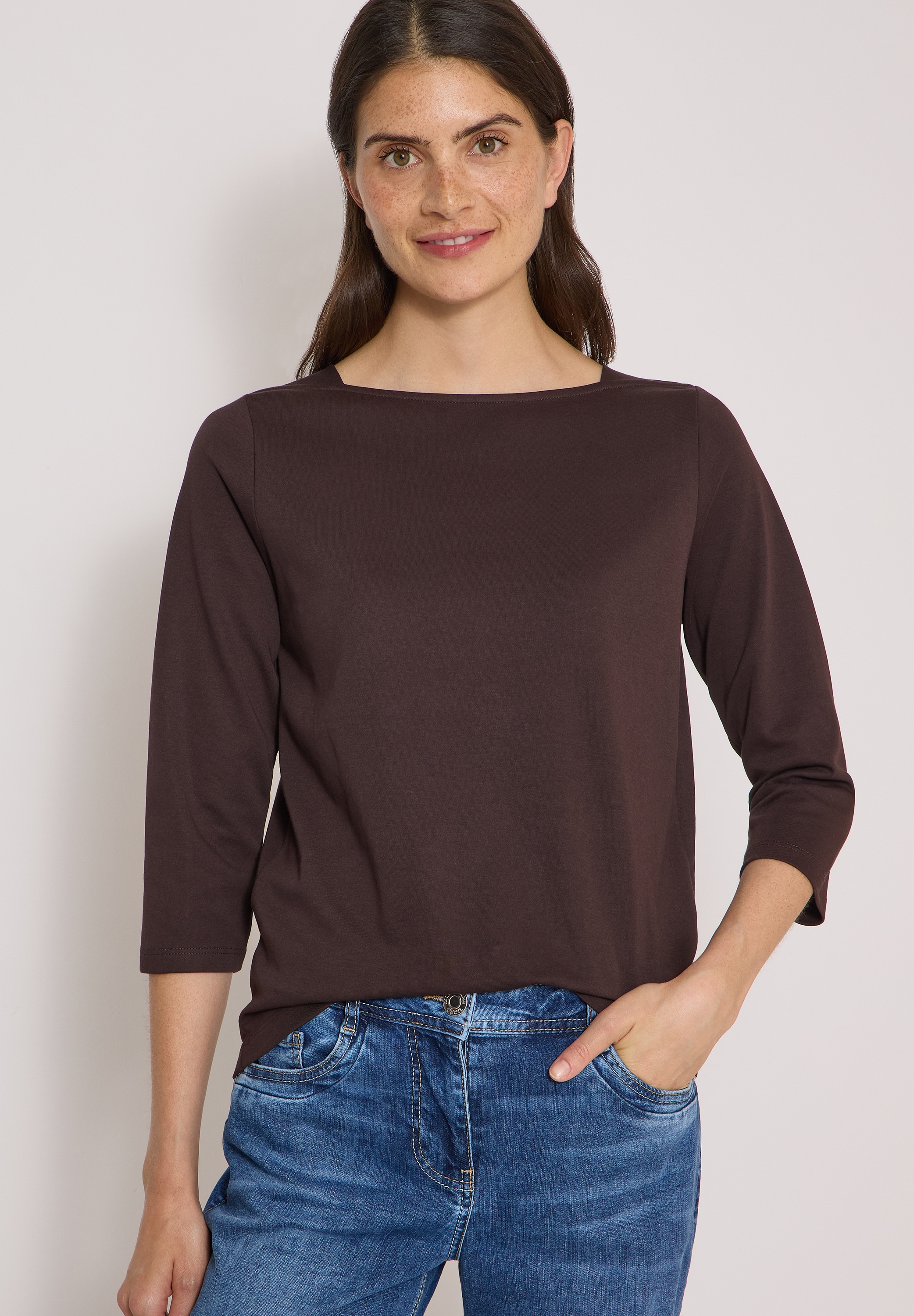 Cecil 3/4-Arm-Shirt U-Boot-Ausschnitt, unifarben, Baumwolle