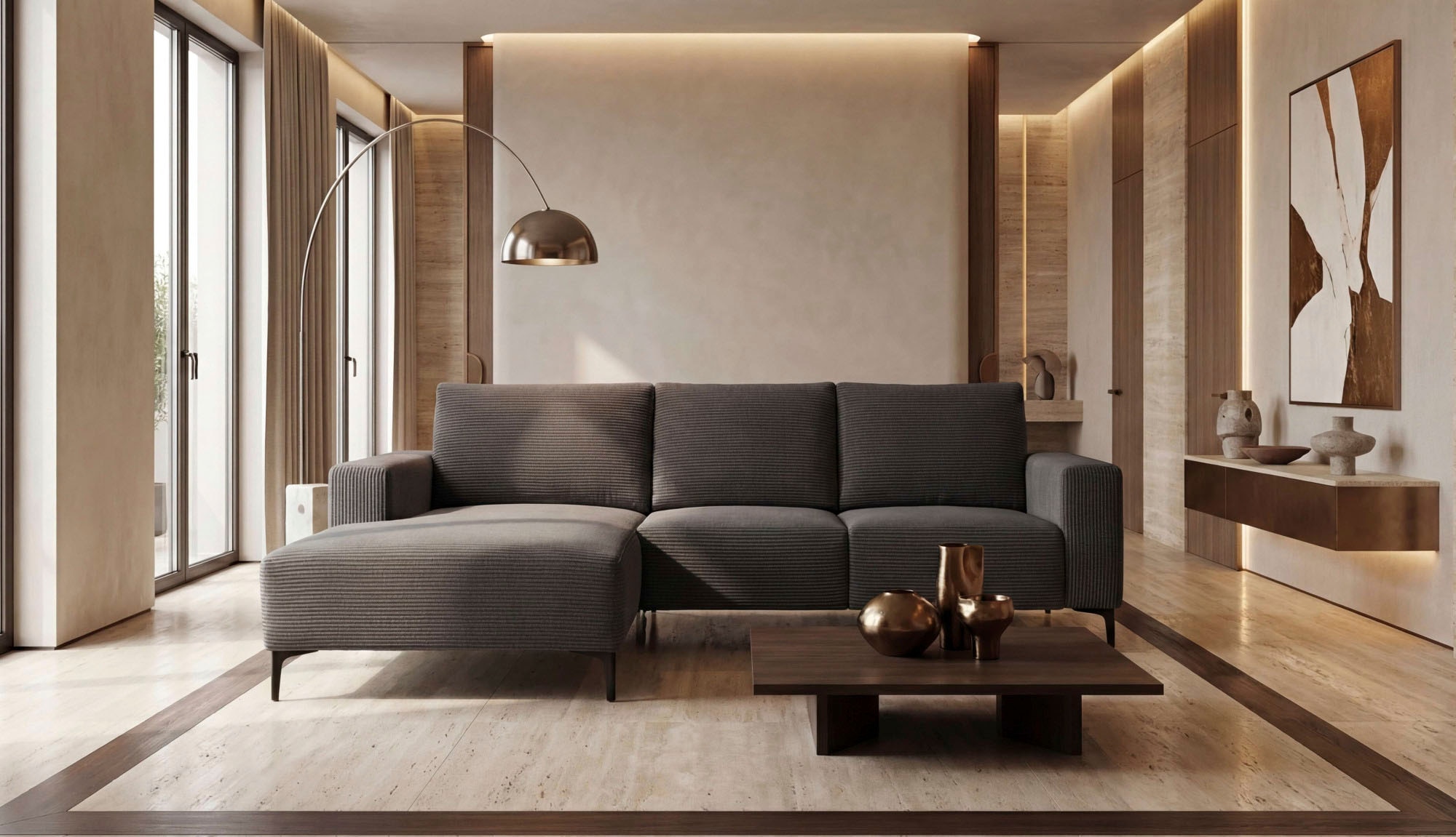 OTTO home Ecksofa "Tournon L-Form, Breite 232 cm, Breitcord" Designsofa im nordischen Stil, Wellenunterfederung, Metallfüße