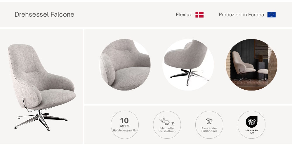 FLEXLUX Drehsessel »Falcone, Drehbarer Fernsehsessel, Entspannung, Hoher Komfort, Scandi«, Liegefunktion, drehbar, Fuß Alu