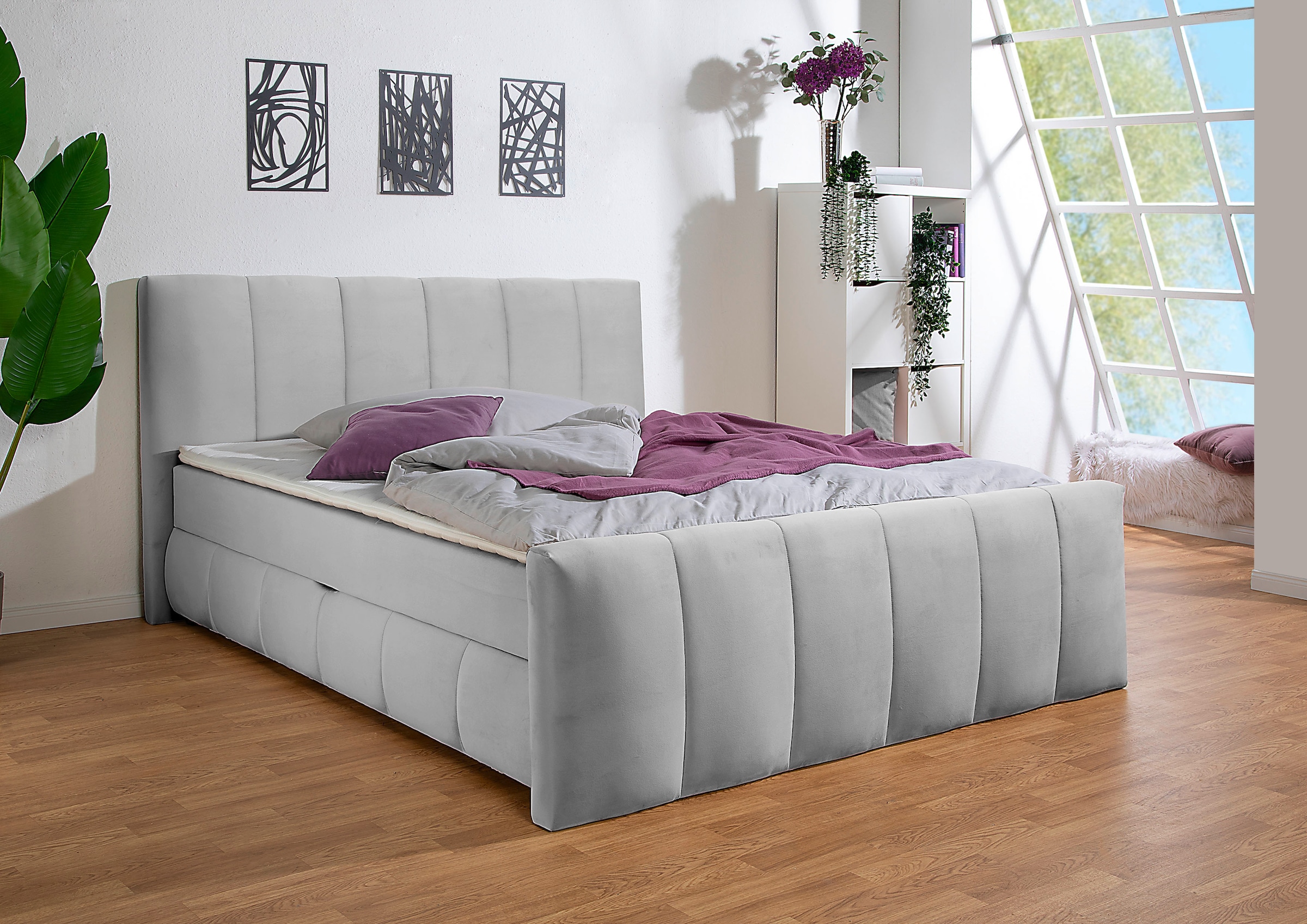 Boxbett HOME AFFAIRE "Hanelore inkl. Bettkasten und Topper", grau, B:192cm L:220cm, Komplettbetten, Boxbett mit Bettkasten und Fußteil, inkl. Topper