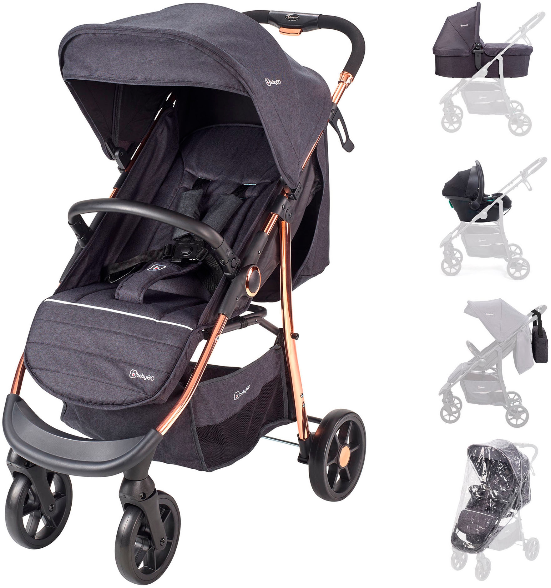 BabyGo Kombi-Kinderwagen "Style - 3in1" inkl. Babyschale mit Adaptern u. Wickeltasche