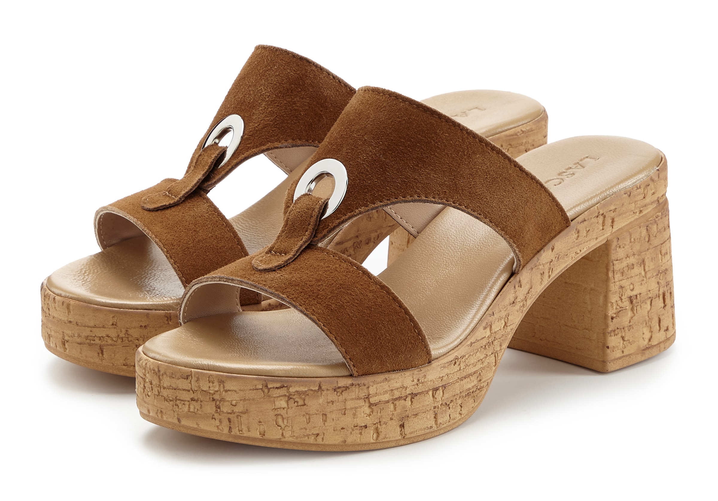 LASCANA Pantolette "Sandale, Mule, offener Schuh, Sommerschuh," aus Leder mit Blockabsatz in Kork-Optik