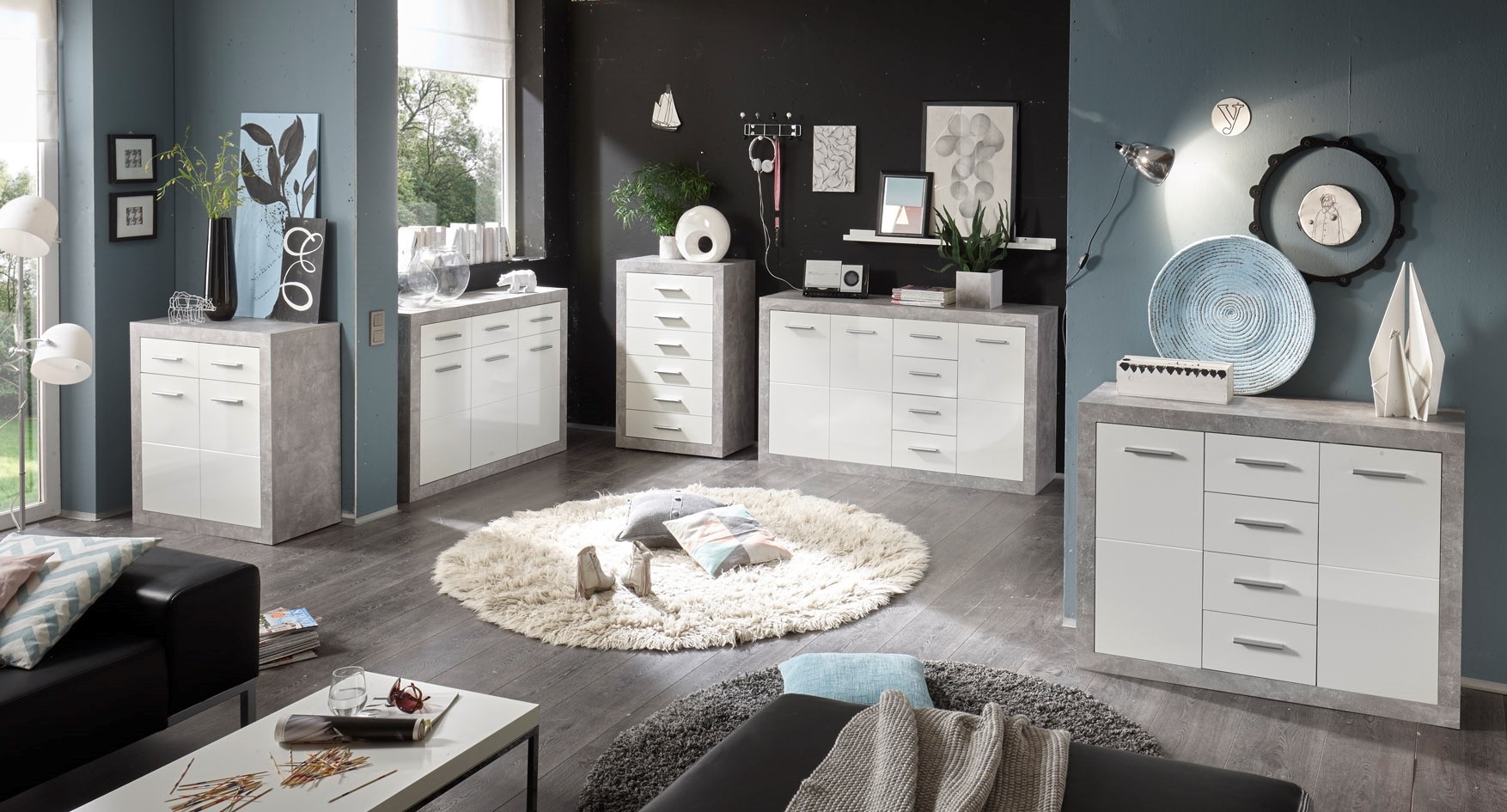 HBZ Kommode »Stone 2 Weiß Glanz, BxHxT 152x88x37 cm«, Kommode mit 3 Türen, 4 Schubkästen, 2 Einlegeböden