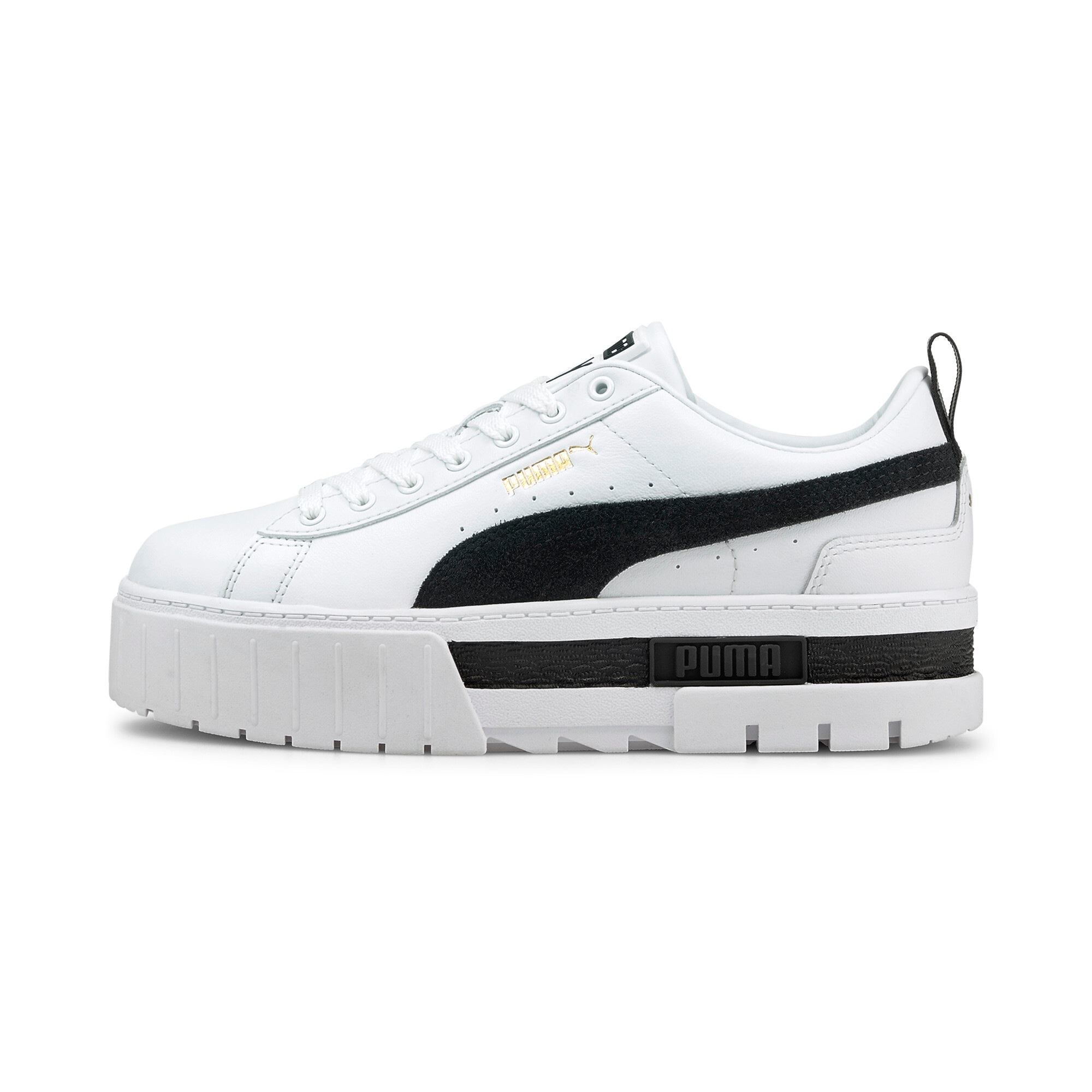 Sneaker PUMA "Mayze Sneakers Damen", Damen, Gr. 40, schwarz-weiß (weiß schwarz), Obermaterial: Textil, Synthetik, Kuhleder; Futter: Textil; Innensohle: Textil; Laufsohle: TR (Thermoplastischer Gummi), Schuhe Sneaker 2