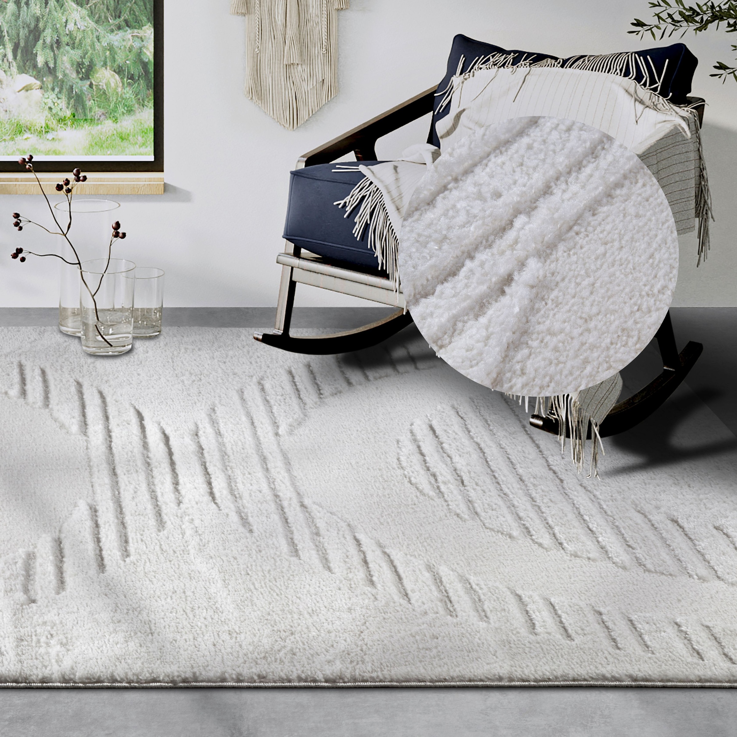 Designteppich ELLE DECORATION "Bartoux", weiß (cremeweiß), B:160cm H:18mm L:235cm, Polyester, Teppiche, Hochflor, Shaggy, Läufer, weich, Langflor, modern, Hoch Tief Effekt