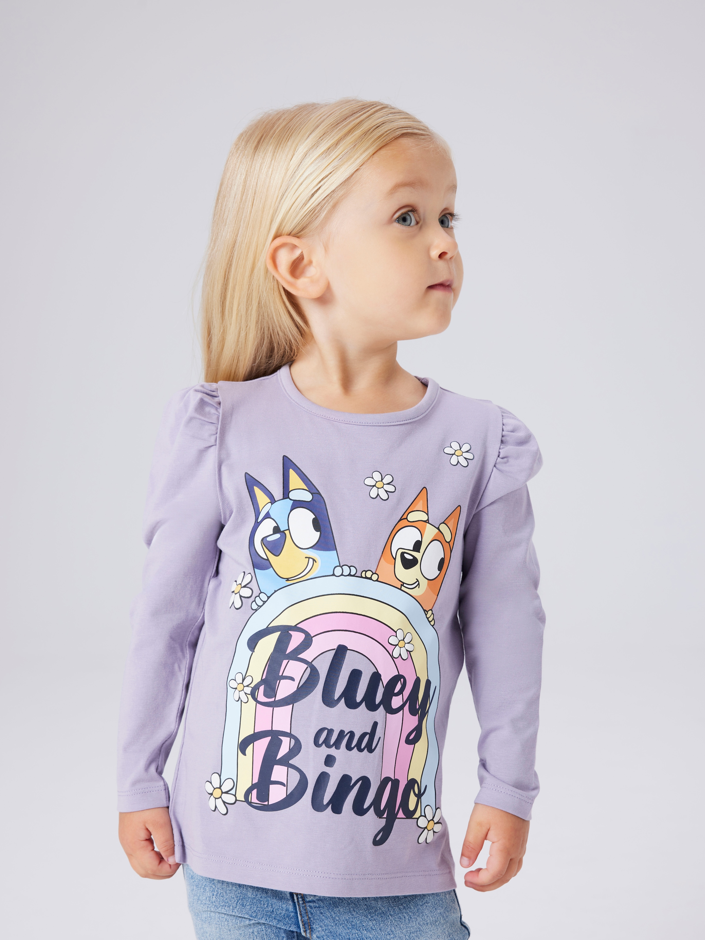 Langarmshirt NAME IT "NMFJESSIE BLUEY LS TOP BOX NOOS SKY", Mädchen, Gr. 104, lavender gray, Jersey, Obermaterial: 95% Baumwolle, 5% Elasthan, Basic hüftbedeckend, Rundhals, Shirts Langarmshirt