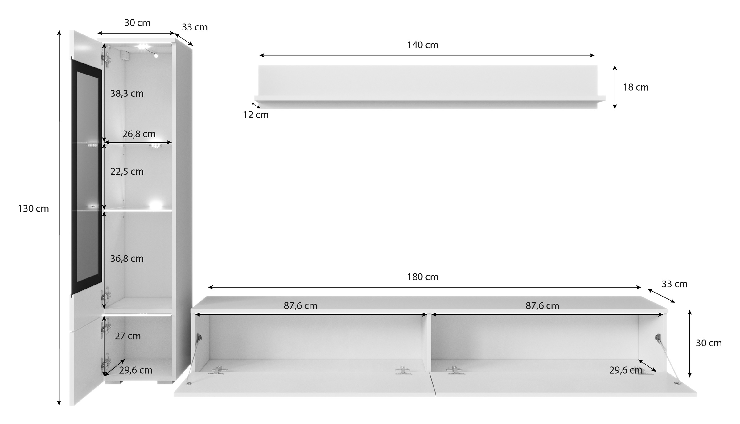 INOSIGN Wohnwand »VERA I, Vitrinen Türanschlag links/rechts wechselbar«, (Komplett-Set, 3 St.), Mediawand 230 cm, Vitrine mit Verglasung, stehend und hängend