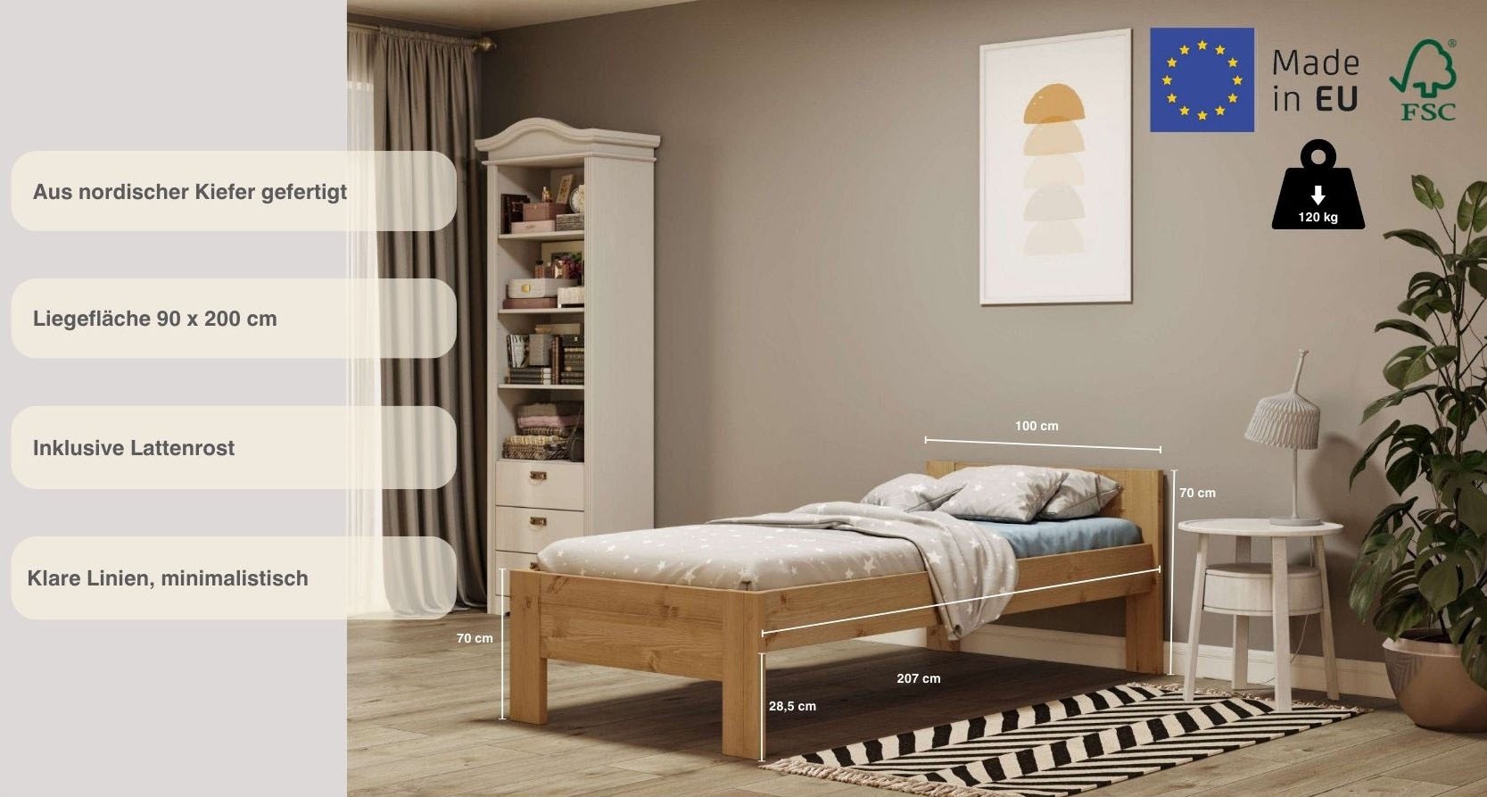 Home affaire Massivholzbett »Hero, hohe Belastbarkeit, FSC®-zertifizierte Kiefer«, (Breite/Belastbarkeit 140cm/180 KG, 90cm/=120 KG), aus massiver Kiefer, inklusive Lattenrost, zeitloses Design