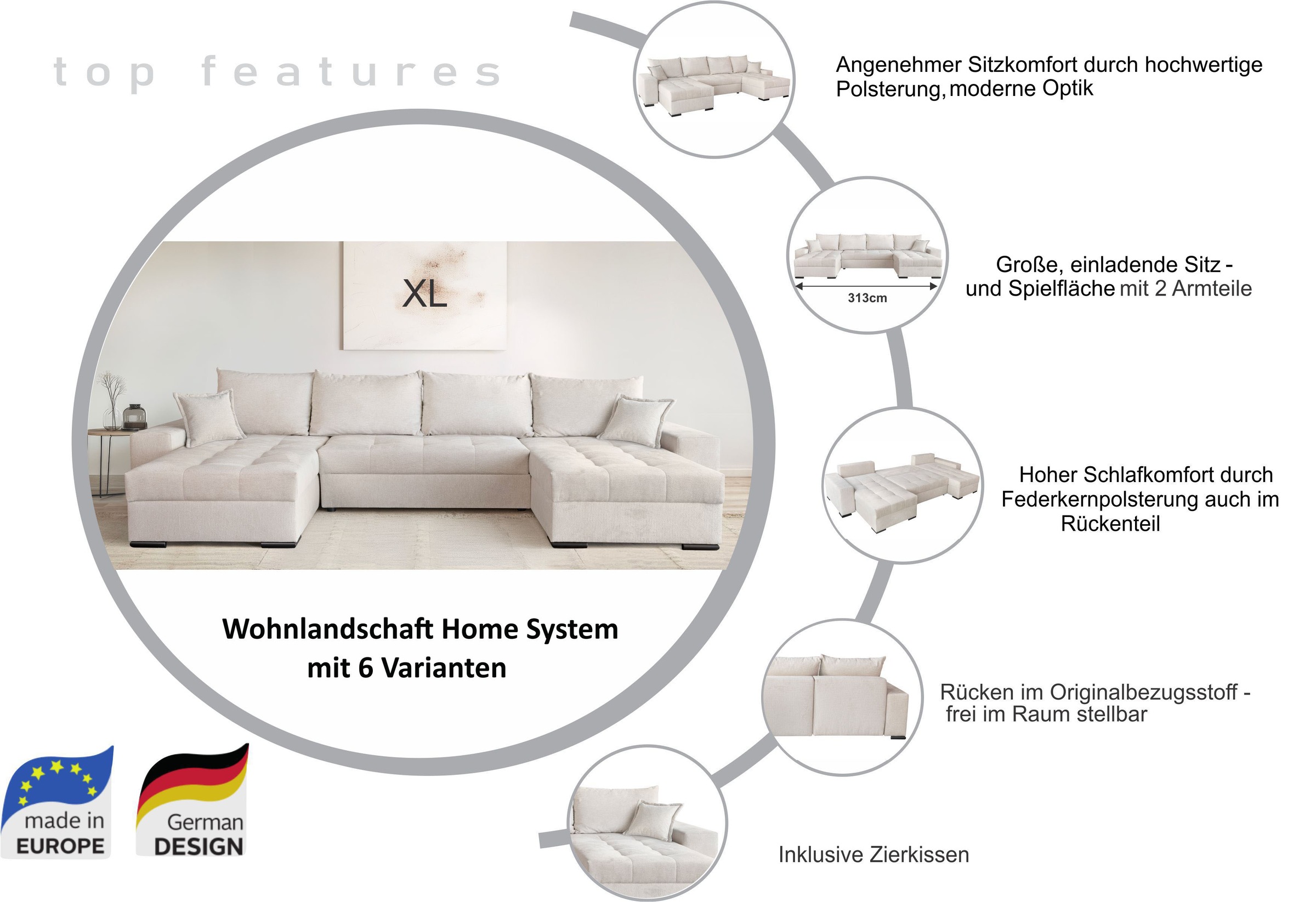 Thumbnail - OTTO home Wohnlandschaft "Home System U-Form, B: 269 - 352 cm, Breiten wählbar" mit Bettfunktion, Bettkasten & Zierkisse...