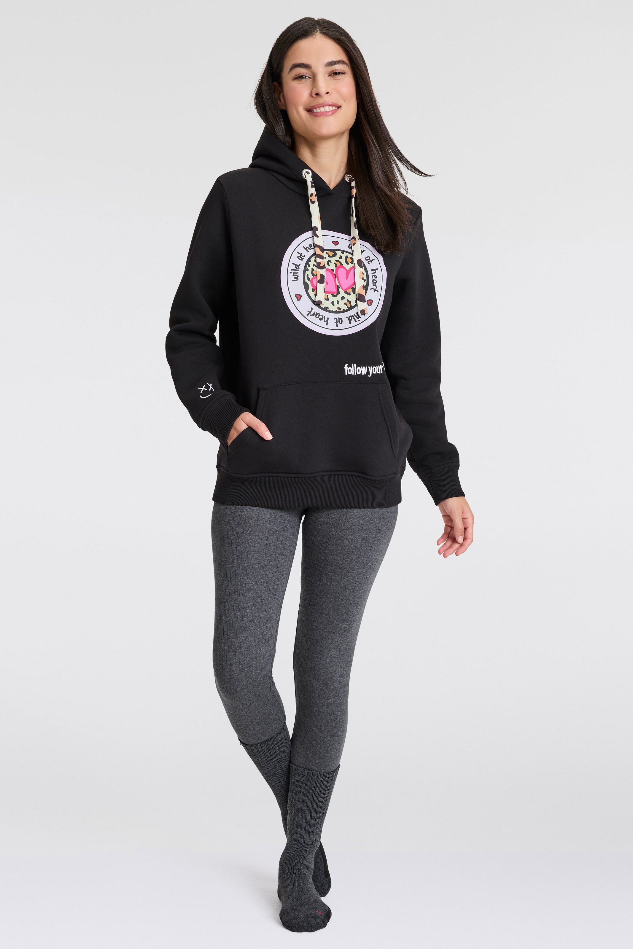 Zwillingsherz Hoodie, Kapuze, Langarm, Kängurutasche, Leo-Details, modisch günstig online kaufen