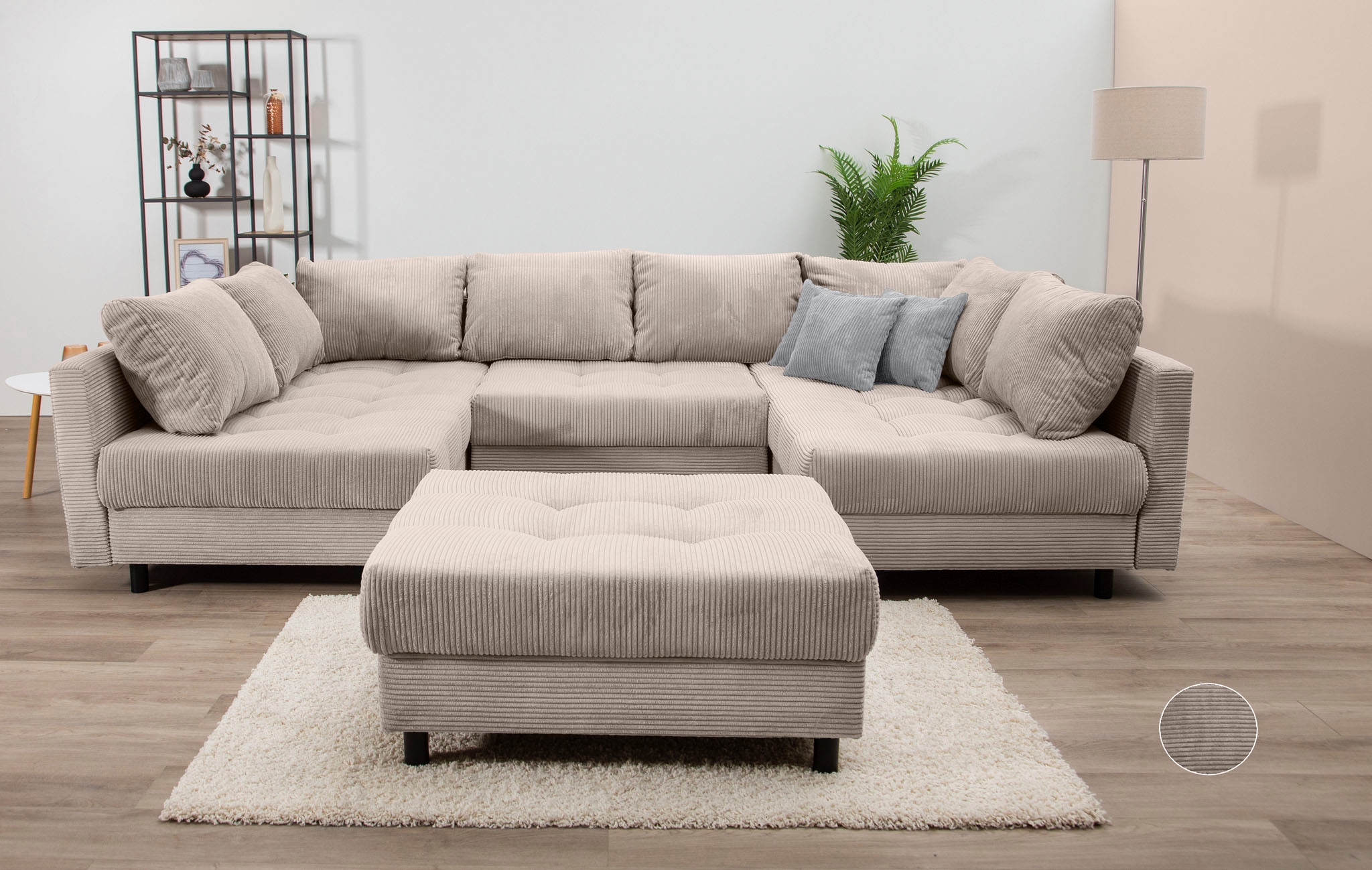 COLLECTION AB Wohnlandschaft "Toni U-Form, B: 298 cm, XXL-Liegefläche 282x178 cm mit Hocker" Set: Sofa & Hocker, 3 Zierkissen, Federkern