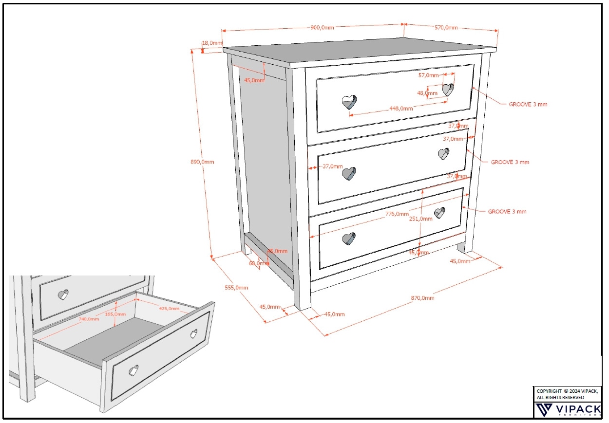 Vipack Kommode »Amori mit 3 geräumigen Schubladen, hier haben Sie alles griffbereit«, (2 St.), inkl. Wickelaufsatz aus massiver Kiefer, Kommode aus MDF weiß lackiert